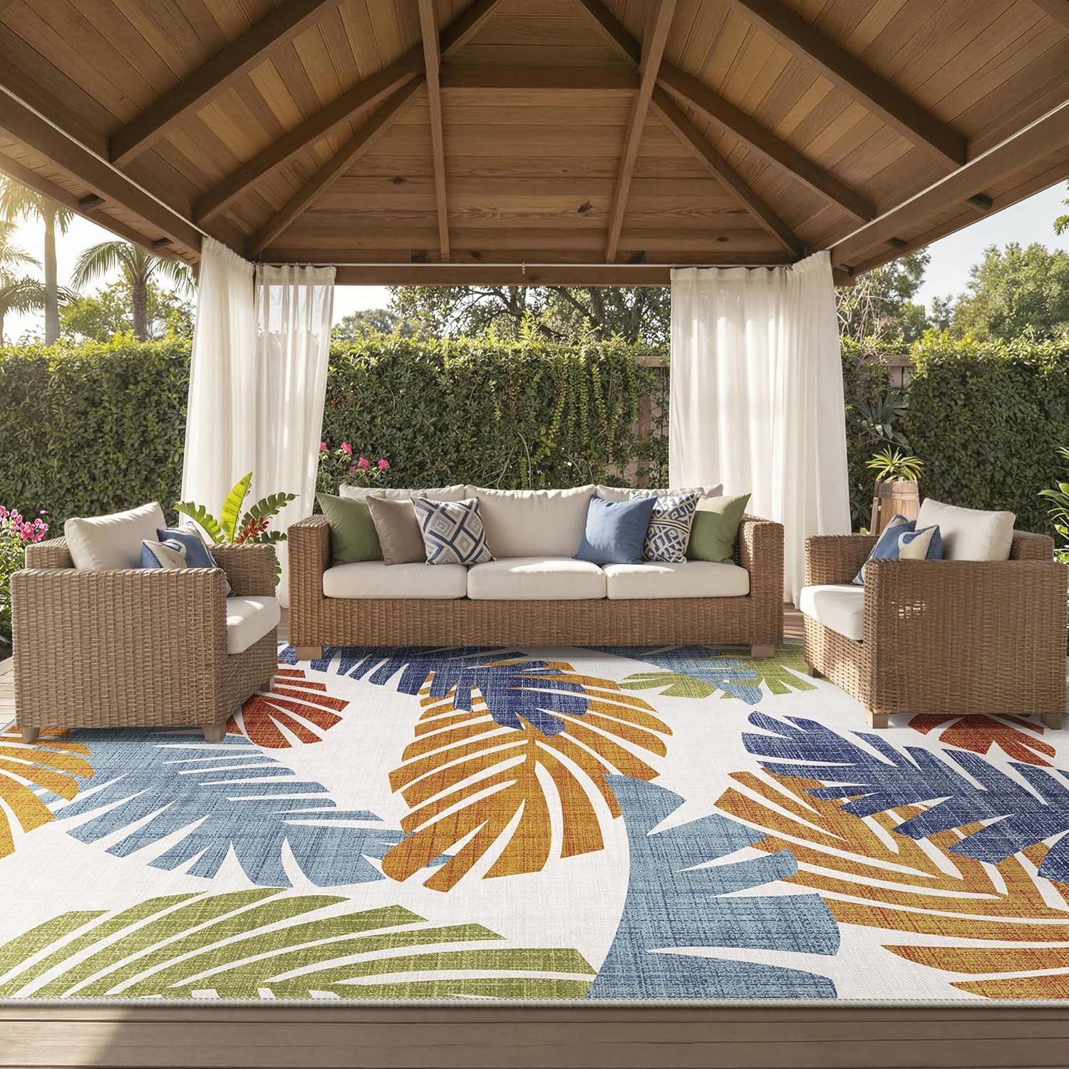 imageGENIMO Outdoor amp Indoor Area Rug 5x8 Waterproof NonShedding Easy Cleaning Leaf Mat for Patio Living Room Balcony Dining Room RV Deck Bedroom Camping Outside Carpet Tropical RustLeaf Tropical Rust