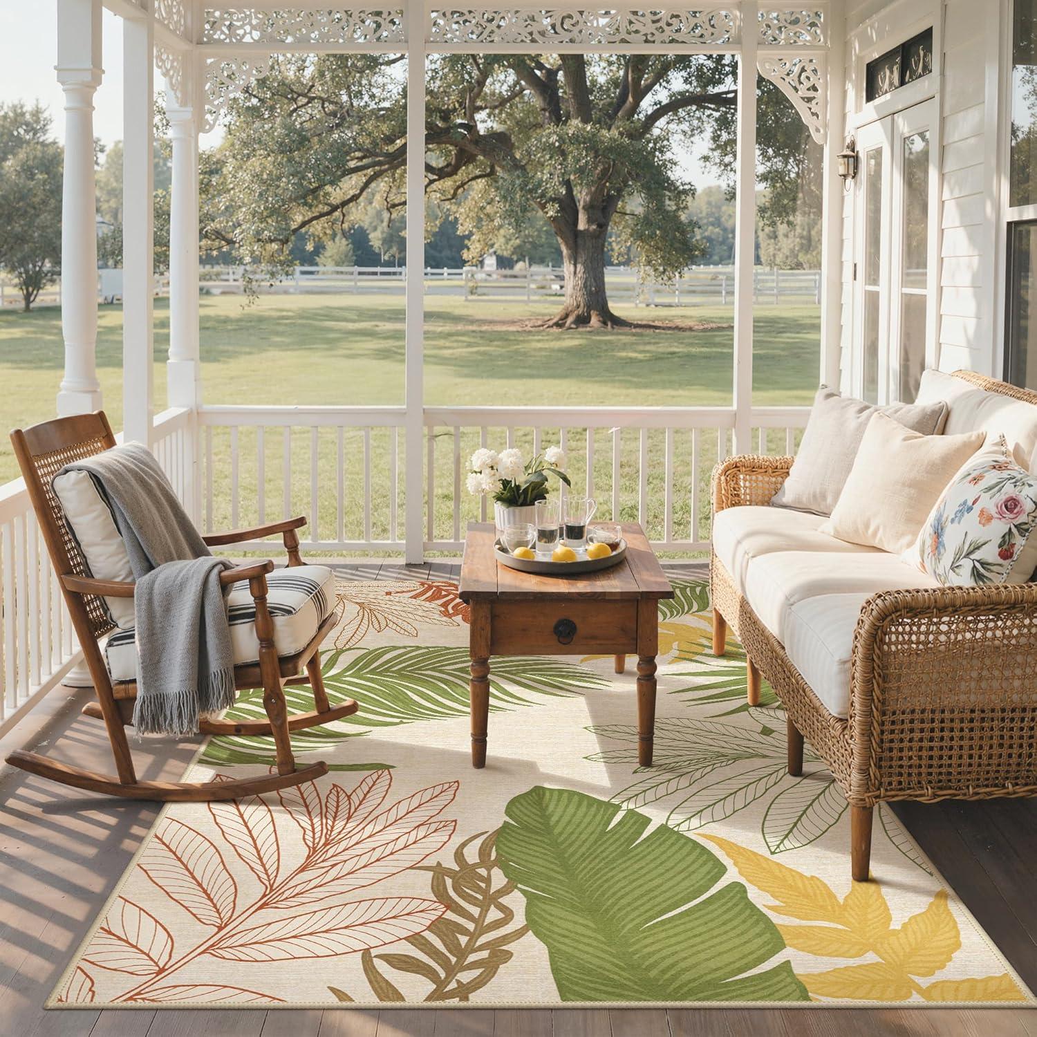 imageGENIMO Outdoor amp Indoor Area Rug 5x8 Waterproof NonShedding Easy Cleaning Leaf Mat for Patio Living Room Balcony Dining Room RV Deck Bedroom Camping Outside Carpet Tropical RustOlive Mustard