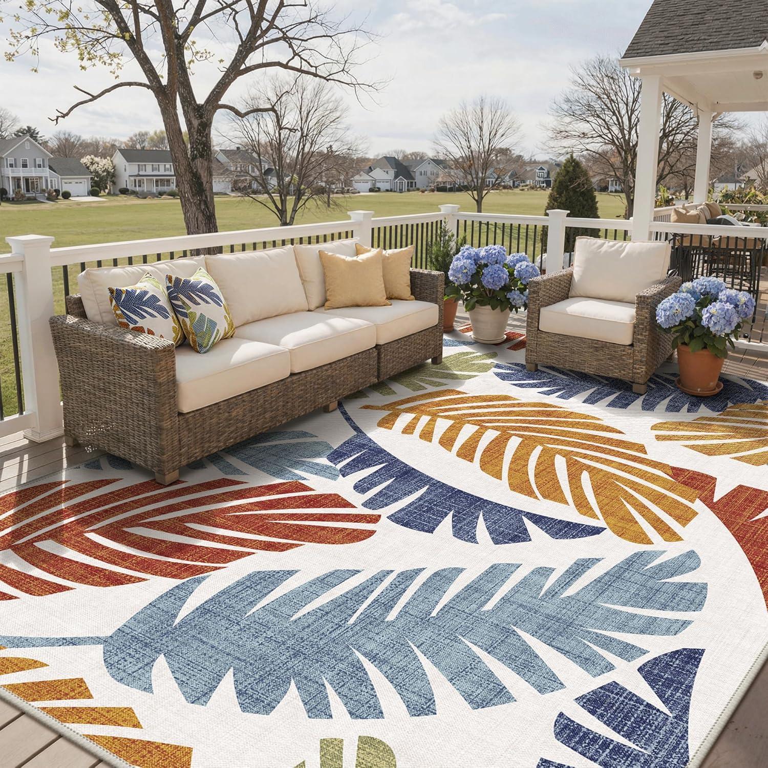 imageGENIMO Outdoor amp Indoor Area Rug 5x8 Waterproof NonShedding Easy Cleaning Leaf Mat for Patio Living Room Balcony Dining Room RV Deck Bedroom Camping Outside Carpet Tropical RustLeaf Rust Navy