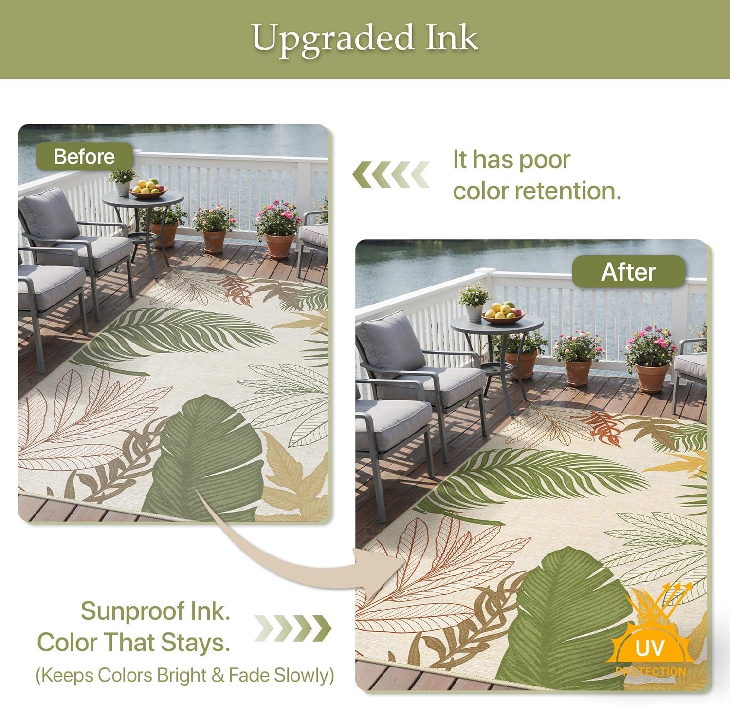 imageGENIMO Outdoor amp Indoor Area Rug 5x8 Waterproof NonShedding Easy Cleaning Leaf Mat for Patio Living Room Balcony Dining Room RV Deck Bedroom Camping Outside Carpet Tropical RustOlive Mustard
