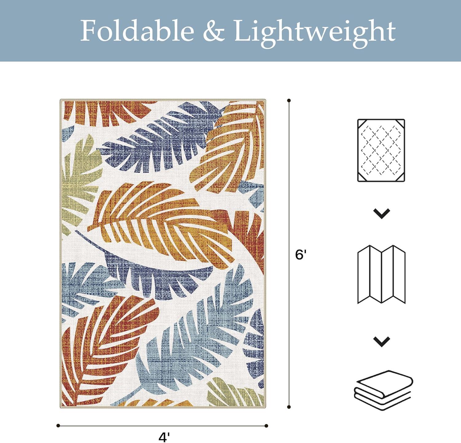 imageGENIMO Outdoor amp Indoor Area Rug 5x8 Waterproof NonShedding Easy Cleaning Leaf Mat for Patio Living Room Balcony Dining Room RV Deck Bedroom Camping Outside Carpet Tropical RustLeaf Rust Navy