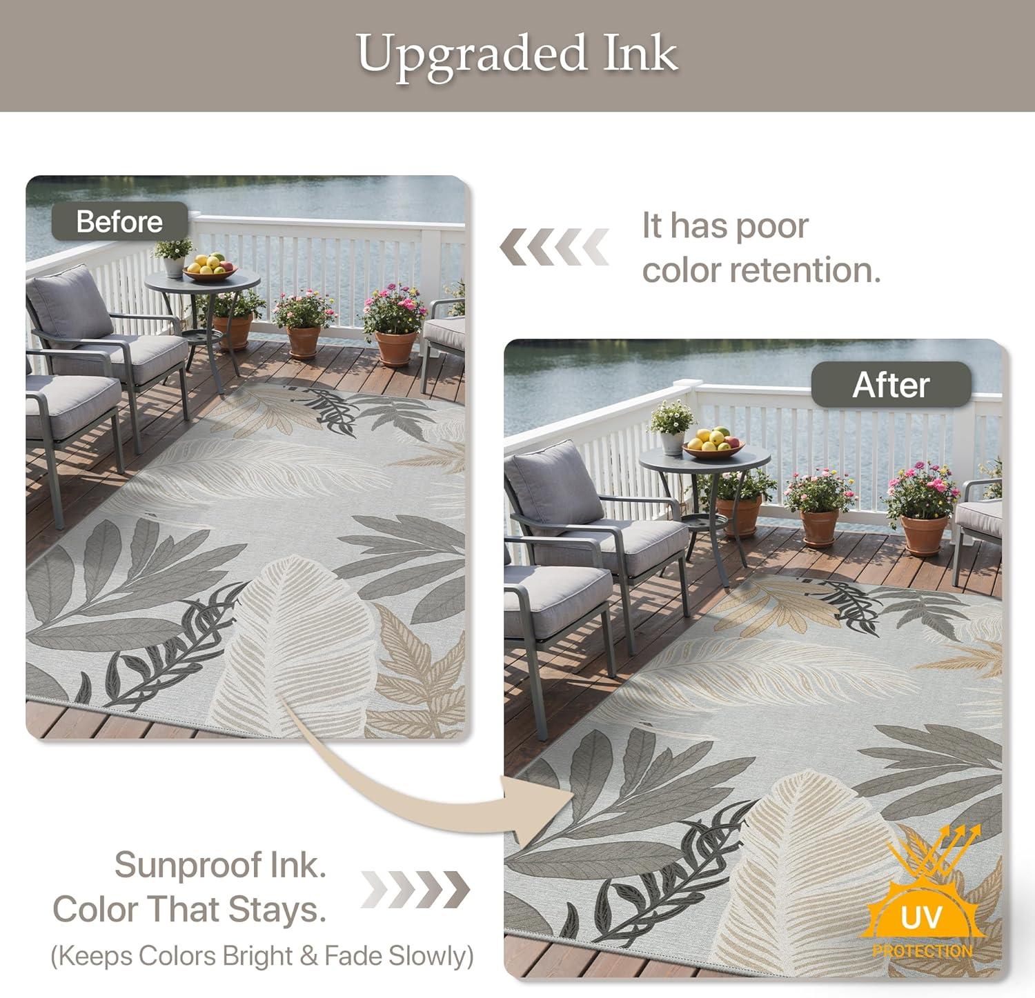 imageGENIMO Outdoor amp Indoor Area Rug 5x8 Waterproof NonShedding Easy Cleaning Leaf Mat for Patio Living Room Balcony Dining Room RV Deck Bedroom Camping Outside Carpet Tropical RustSand Grey
