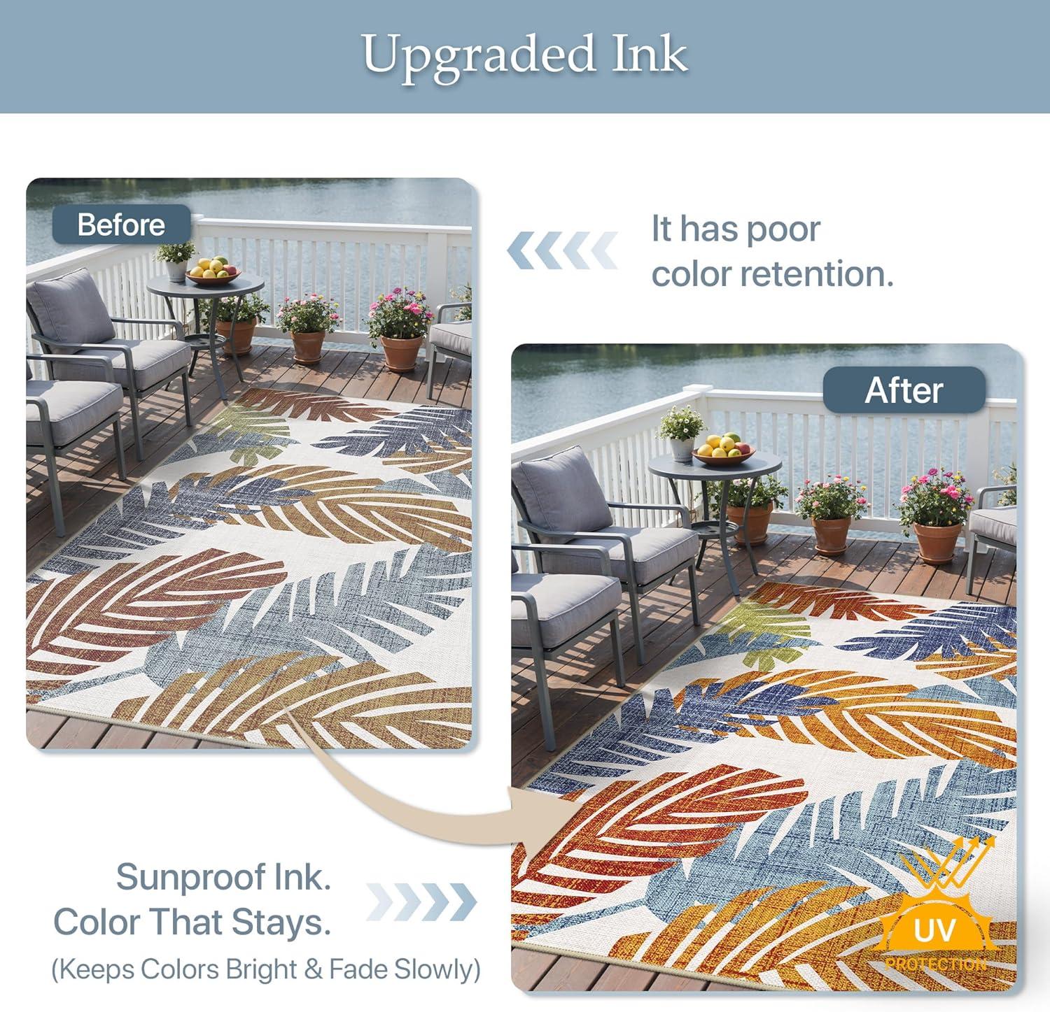 imageGENIMO Outdoor amp Indoor Area Rug 5x8 Waterproof NonShedding Easy Cleaning Leaf Mat for Patio Living Room Balcony Dining Room RV Deck Bedroom Camping Outside Carpet Tropical RustLeaf Tropical Rust