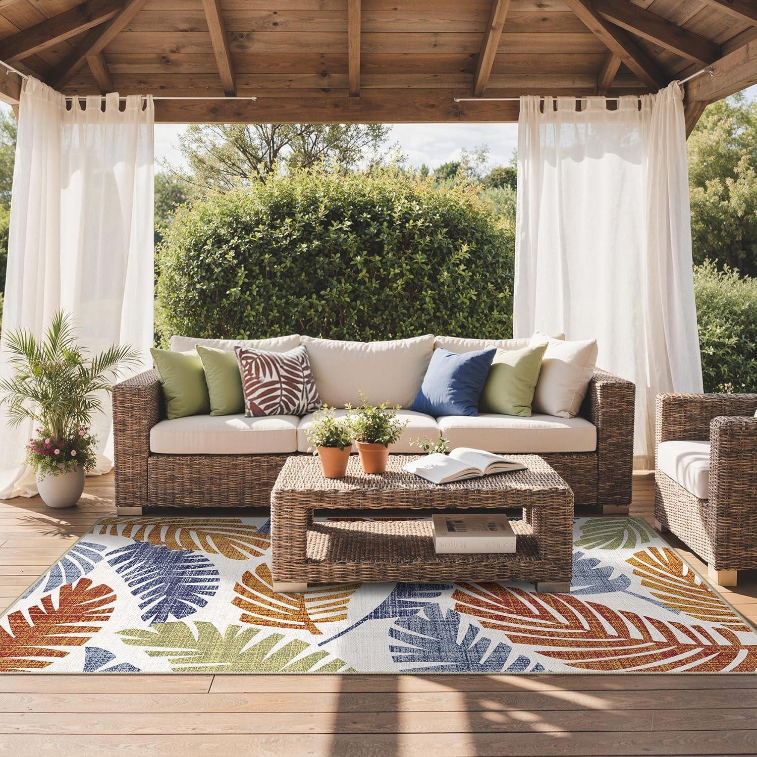 imageGENIMO Outdoor amp Indoor Area Rug 5x8 Waterproof NonShedding Easy Cleaning Leaf Mat for Patio Living Room Balcony Dining Room RV Deck Bedroom Camping Outside Carpet Tropical RustLeaf Rust Navy