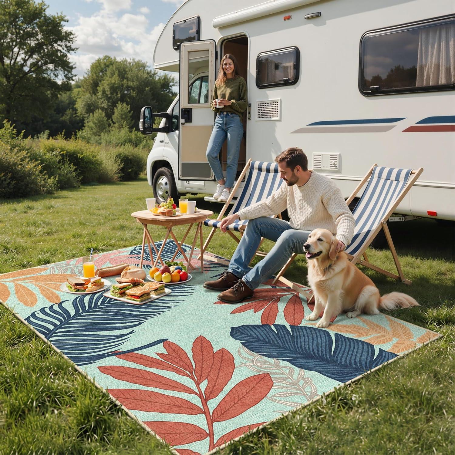 imageGENIMO Outdoor amp Indoor Area Rug 5x8 Waterproof NonShedding Easy Cleaning Leaf Mat for Patio Living Room Balcony Dining Room RV Deck Bedroom Camping Outside Carpet Tropical RustBlue Paint