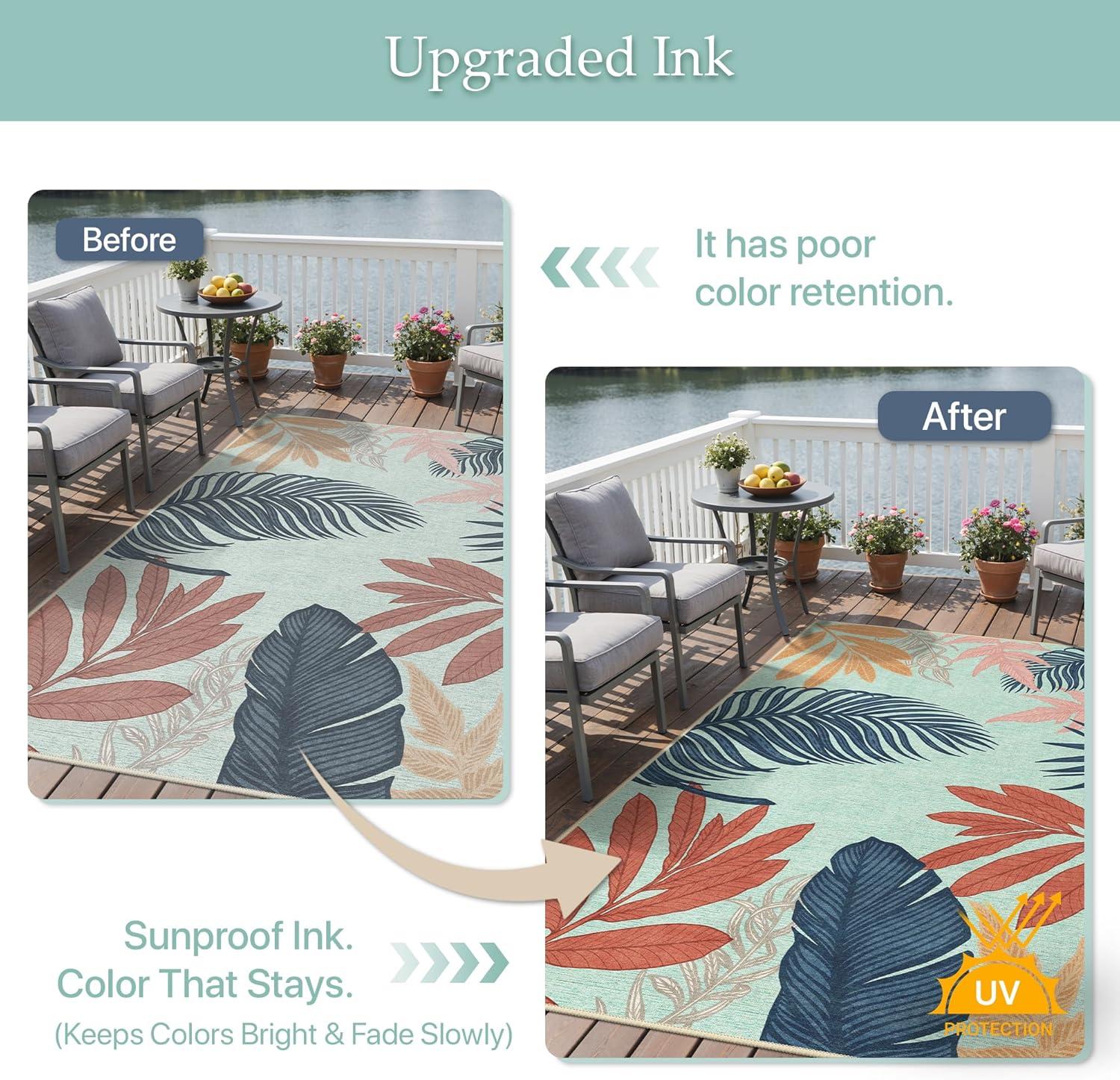 imageGENIMO Outdoor amp Indoor Area Rug 5x8 Waterproof NonShedding Easy Cleaning Leaf Mat for Patio Living Room Balcony Dining Room RV Deck Bedroom Camping Outside Carpet Tropical RustBlue Paint