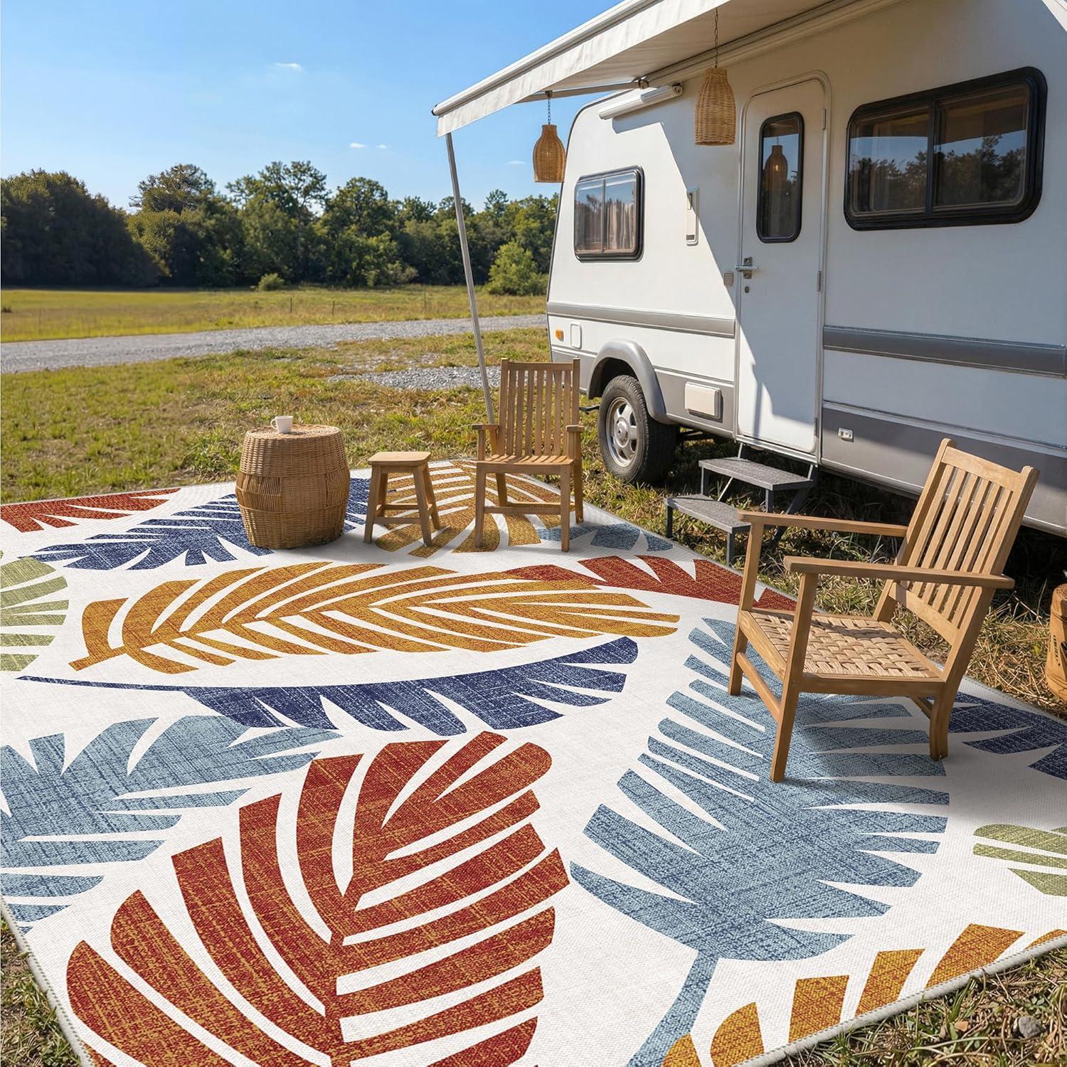 imageGENIMO Outdoor amp Indoor Area Rug 5x8 Waterproof NonShedding Easy Cleaning Leaf Mat for Patio Living Room Balcony Dining Room RV Deck Bedroom Camping Outside Carpet Tropical RustLeaf Rust Navy