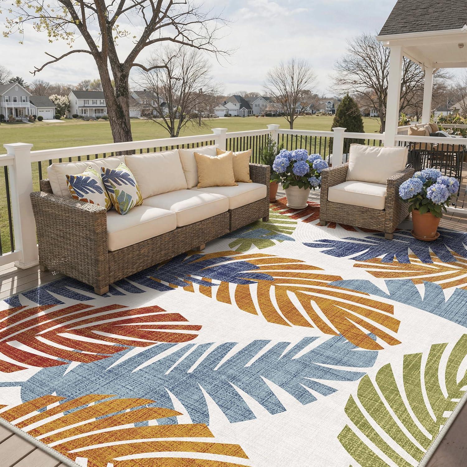 imageGENIMO Outdoor amp Indoor Area Rug 5x8 Waterproof NonShedding Easy Cleaning Leaf Mat for Patio Living Room Balcony Dining Room RV Deck Bedroom Camping Outside Carpet Tropical RustLeaf Tropical Rust