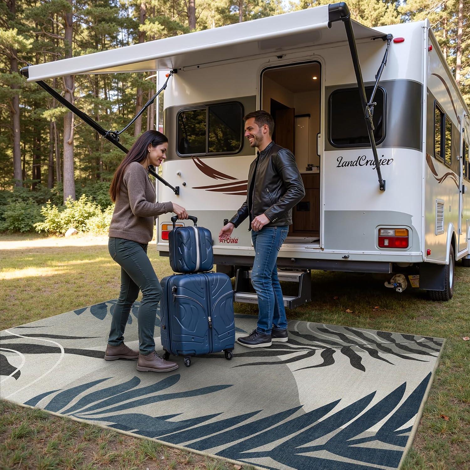 imageGENIMO Outdoor amp Indoor Area Rug 5x8 Waterproof NonShedding Easy Cleaning Leaf Mat for Patio Living Room Balcony Dining Room RV Deck Bedroom Camping Outside Carpet Tropical RustBlue Grey