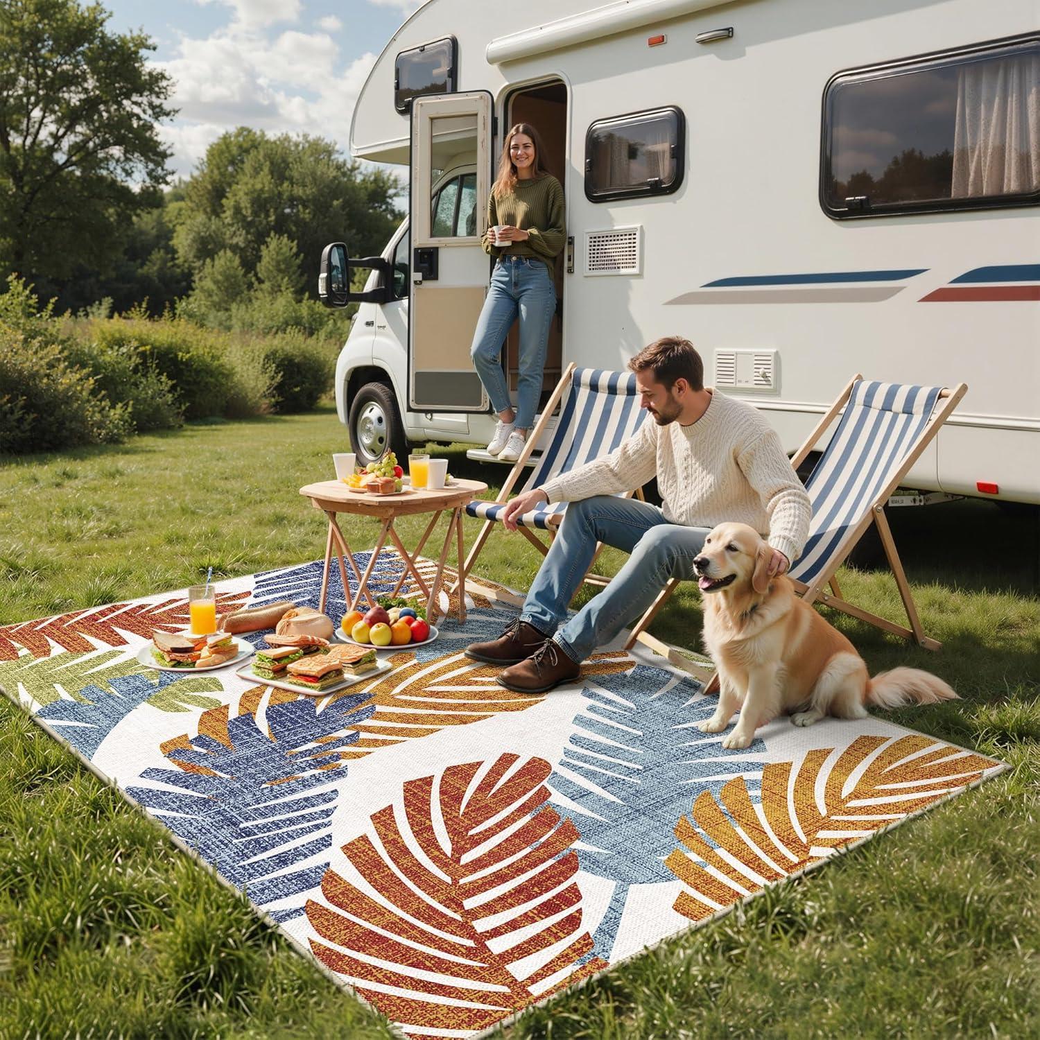 imageGENIMO Outdoor amp Indoor Area Rug 5x8 Waterproof NonShedding Easy Cleaning Leaf Mat for Patio Living Room Balcony Dining Room RV Deck Bedroom Camping Outside Carpet Tropical RustLeaf Tropical Rust