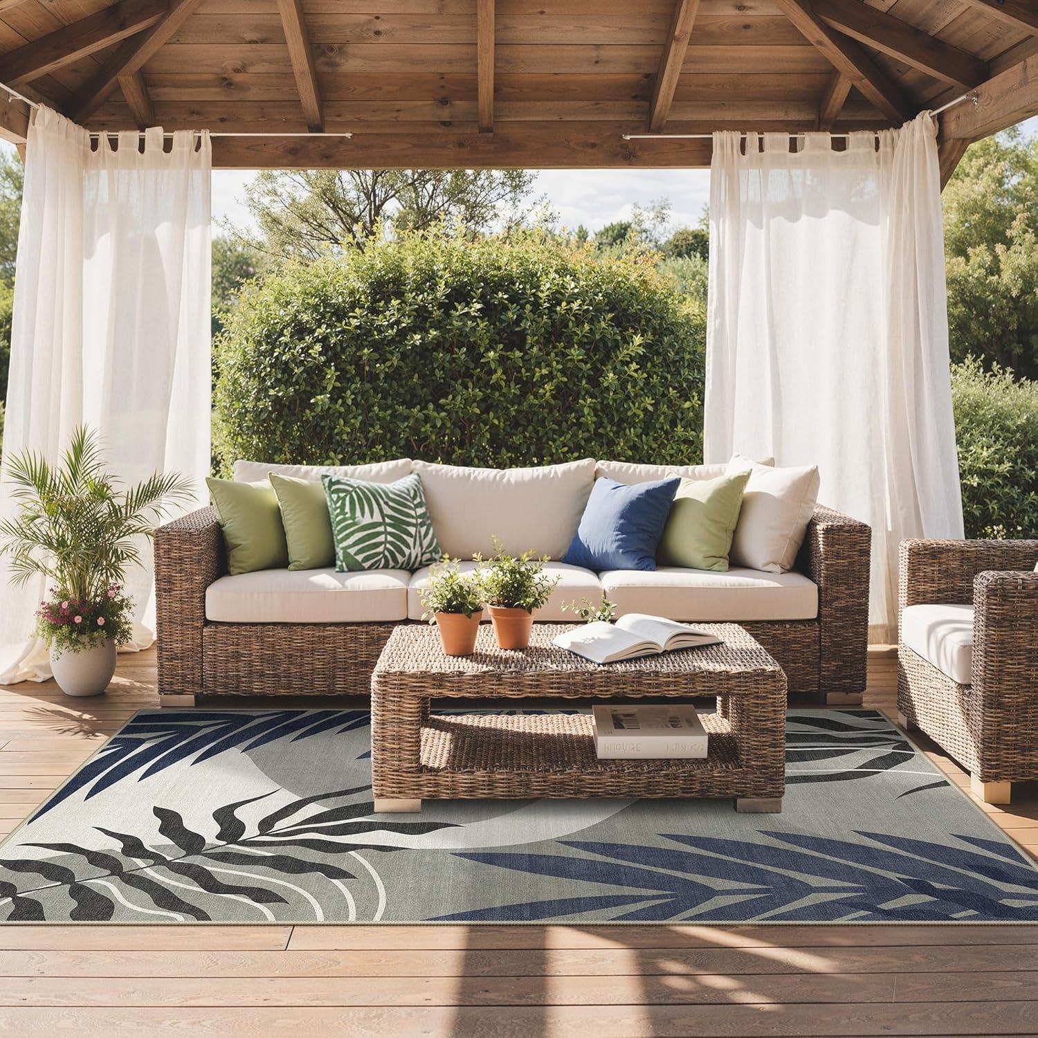 imageGENIMO Outdoor amp Indoor Area Rug 5x8 Waterproof NonShedding Easy Cleaning Leaf Mat for Patio Living Room Balcony Dining Room RV Deck Bedroom Camping Outside Carpet Tropical RustBlue Grey