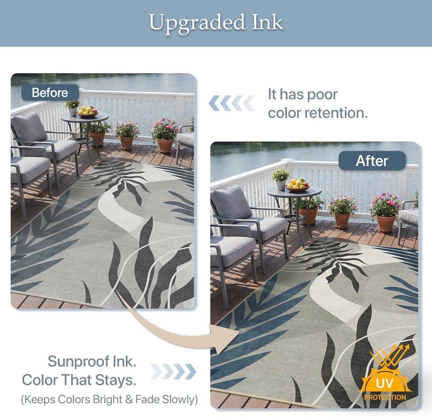 imageGENIMO Outdoor amp Indoor Area Rug 5x8 Waterproof NonShedding Easy Cleaning Leaf Mat for Patio Living Room Balcony Dining Room RV Deck Bedroom Camping Outside Carpet Tropical RustBlue Grey