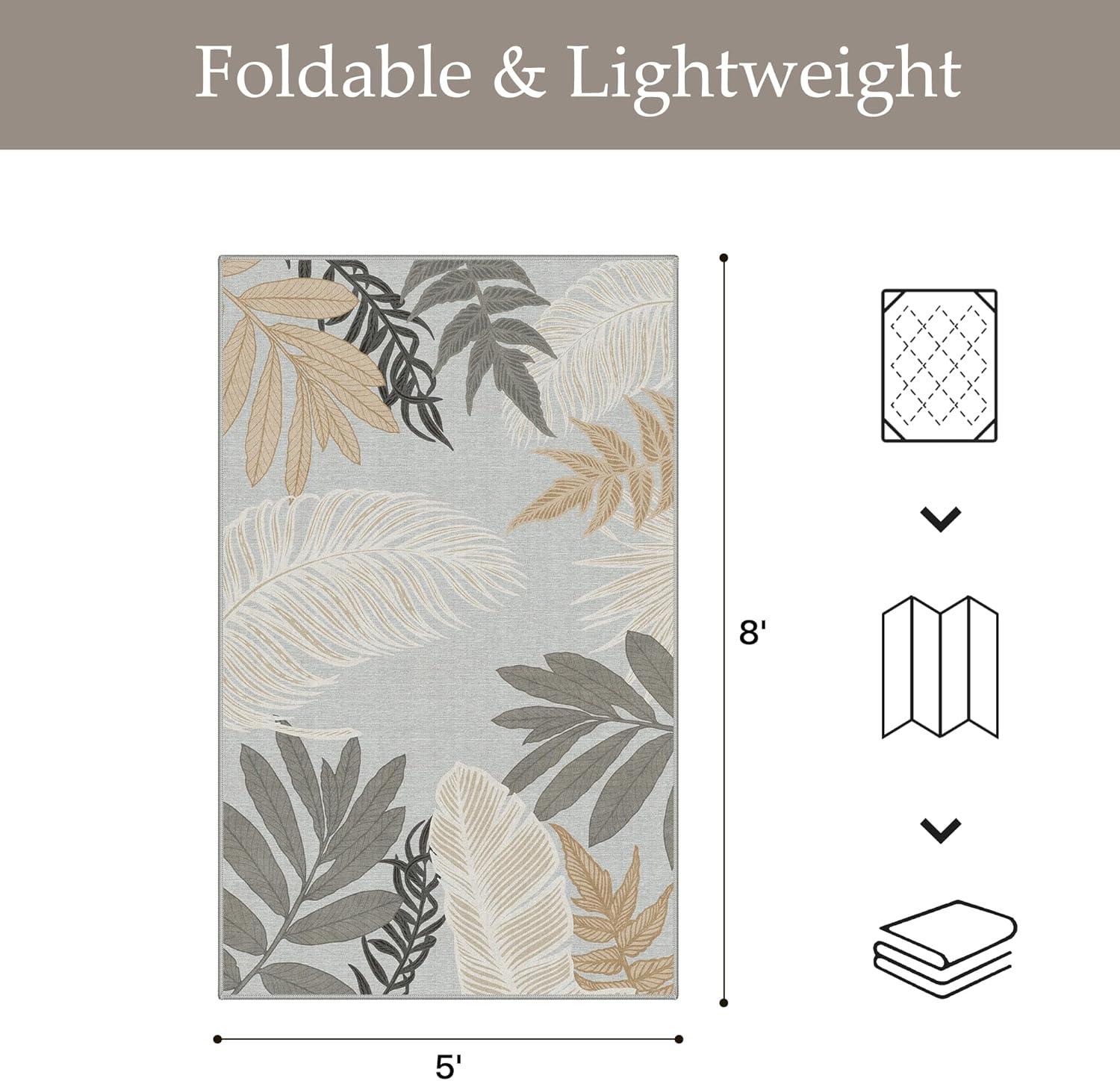 imageGENIMO Outdoor amp Indoor Area Rug 5x8 Waterproof NonShedding Easy Cleaning Leaf Mat for Patio Living Room Balcony Dining Room RV Deck Bedroom Camping Outside Carpet Tropical RustSand Grey