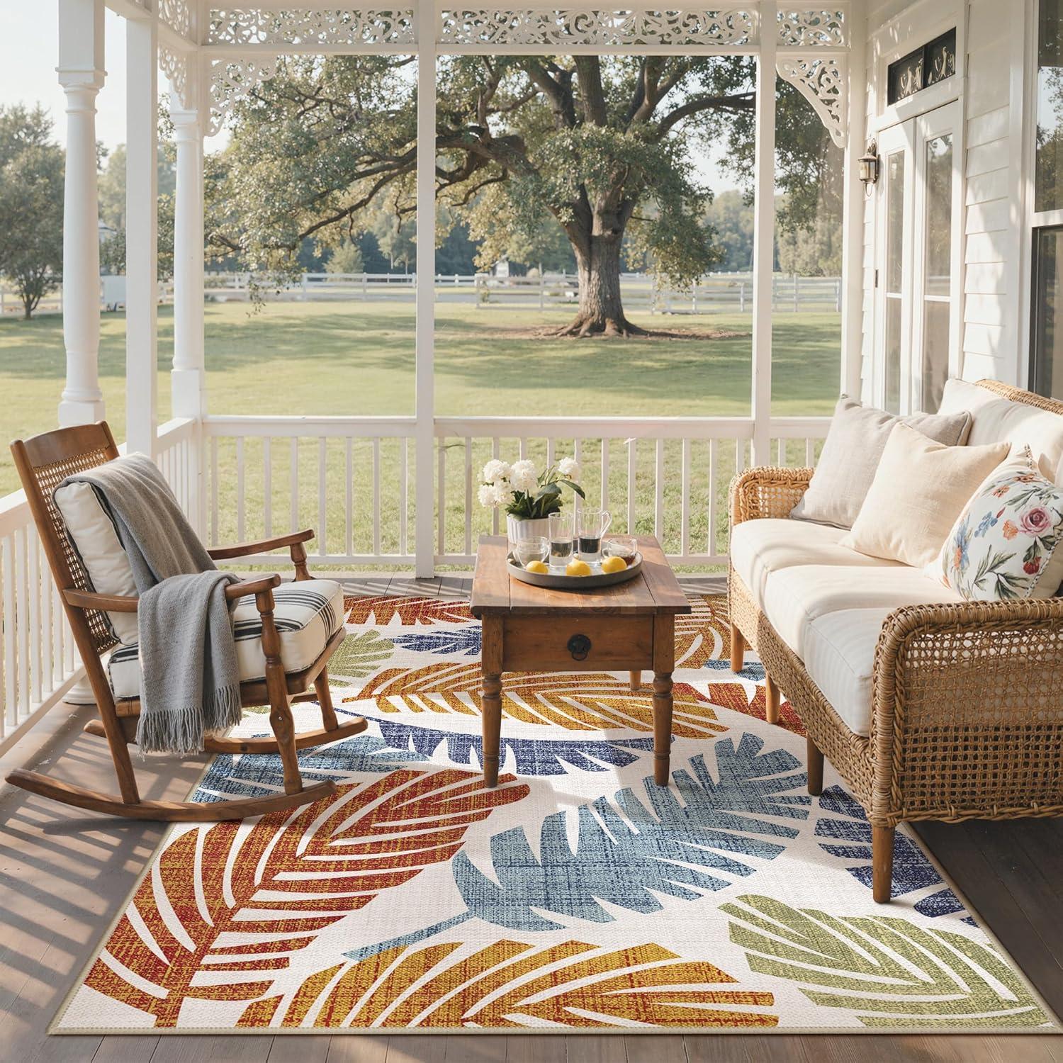 imageGENIMO Outdoor amp Indoor Area Rug 5x8 Waterproof NonShedding Easy Cleaning Leaf Mat for Patio Living Room Balcony Dining Room RV Deck Bedroom Camping Outside Carpet Tropical RustLeaf Rust Navy
