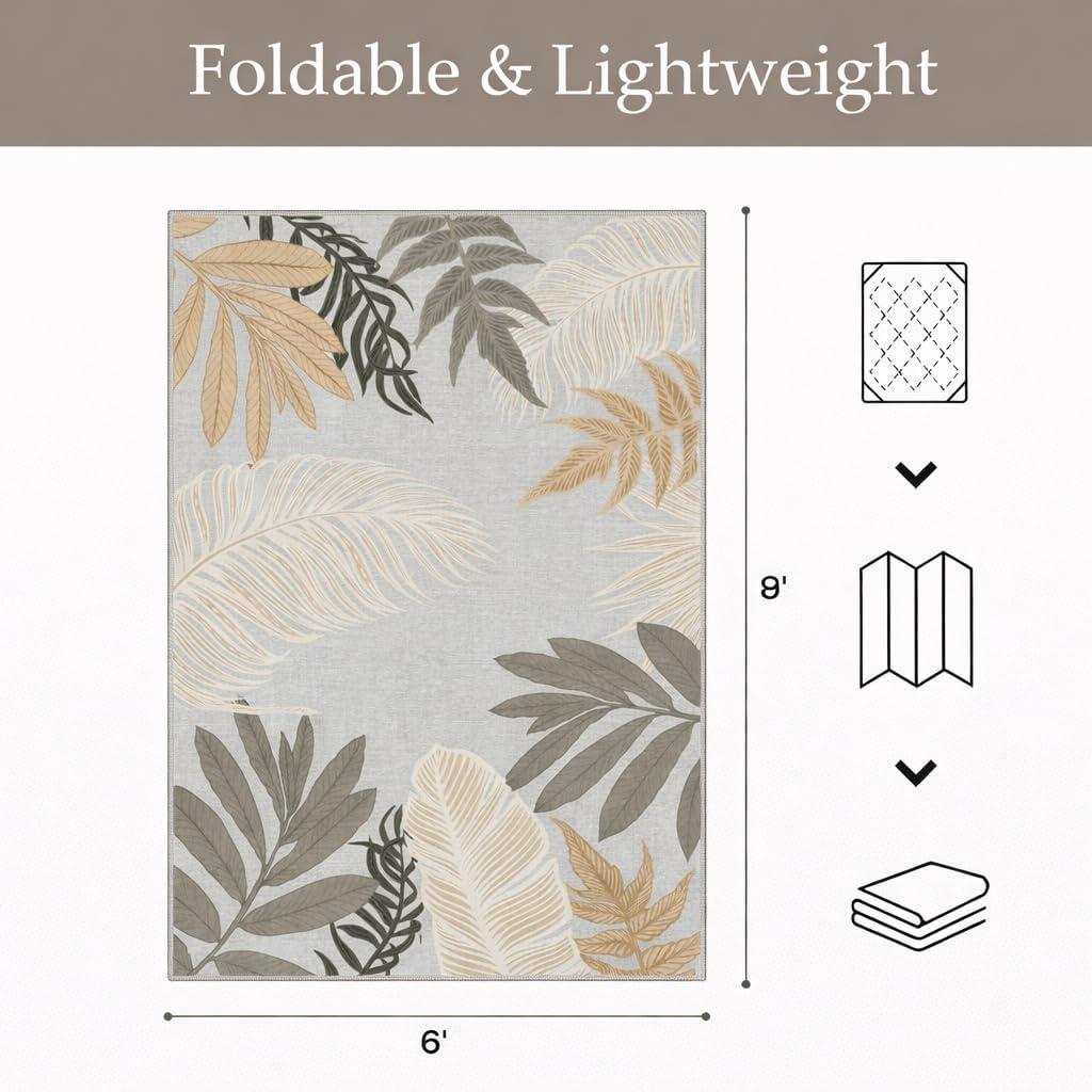 imageGENIMO Outdoor amp Indoor Area Rug 5x8 Waterproof NonShedding Easy Cleaning Leaf Mat for Patio Living Room Balcony Dining Room RV Deck Bedroom Camping Outside Carpet Tropical RustSand Grey