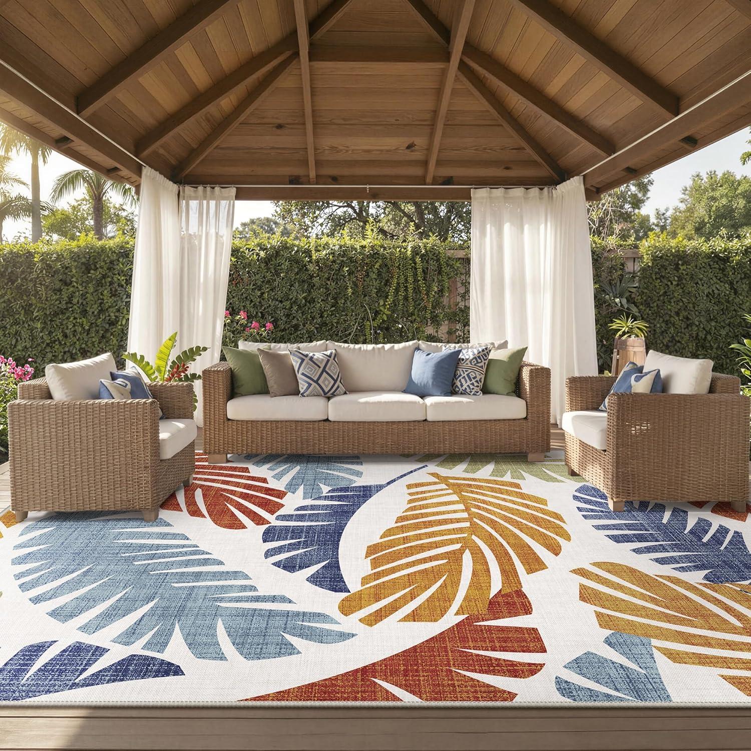 imageGENIMO Outdoor amp Indoor Area Rug 5x8 Waterproof NonShedding Easy Cleaning Leaf Mat for Patio Living Room Balcony Dining Room RV Deck Bedroom Camping Outside Carpet Tropical RustLeaf Rust Navy