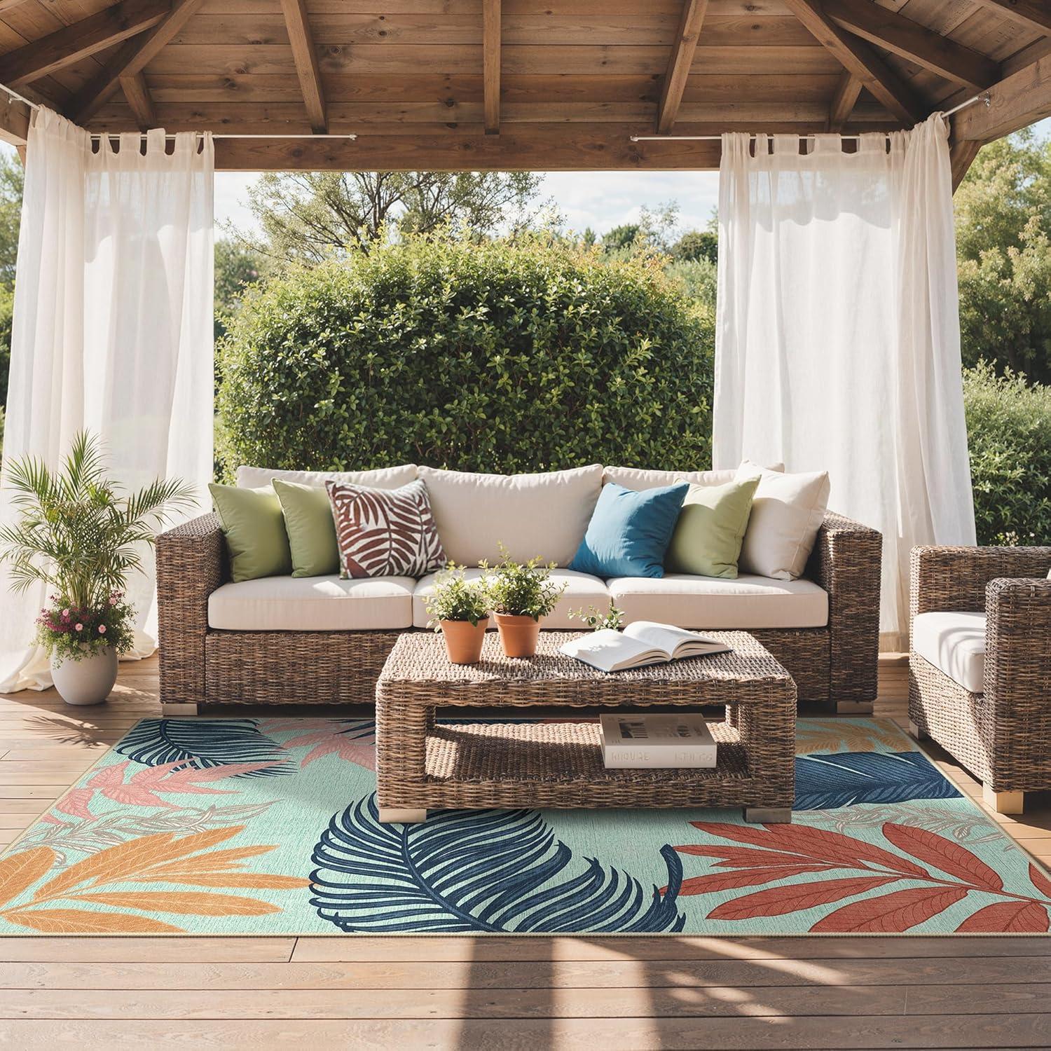 imageGENIMO Outdoor amp Indoor Area Rug 5x8 Waterproof NonShedding Easy Cleaning Leaf Mat for Patio Living Room Balcony Dining Room RV Deck Bedroom Camping Outside Carpet Tropical RustBlue Paint