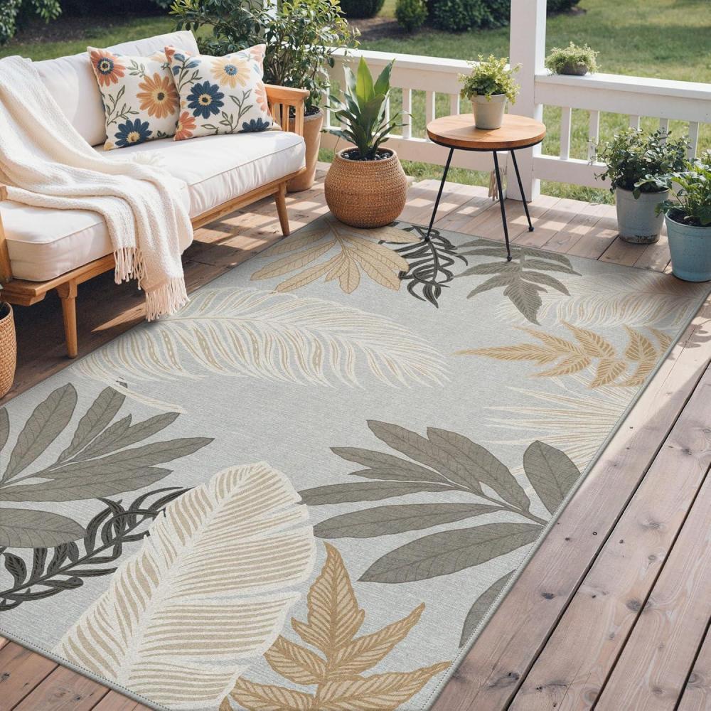 imageGENIMO Outdoor amp Indoor Area Rug 5x8 Waterproof NonShedding Easy Cleaning Leaf Mat for Patio Living Room Balcony Dining Room RV Deck Bedroom Camping Outside Carpet Tropical RustSand Grey