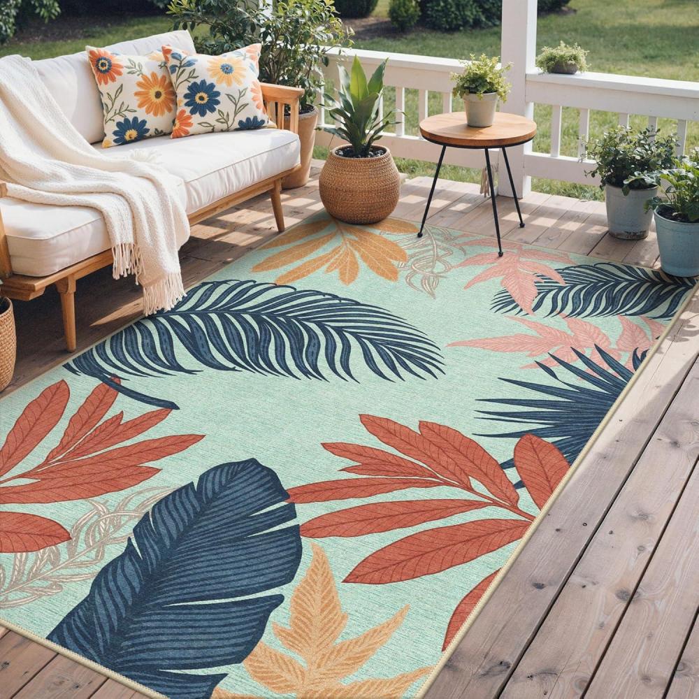imageGENIMO Outdoor amp Indoor Area Rug 5x8 Waterproof NonShedding Easy Cleaning Leaf Mat for Patio Living Room Balcony Dining Room RV Deck Bedroom Camping Outside Carpet Tropical RustBlue Paint