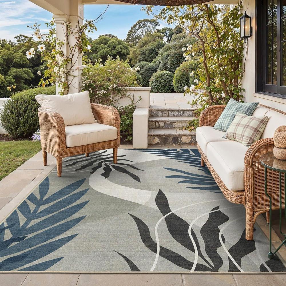 imageGENIMO Outdoor amp Indoor Area Rug 5x8 Waterproof NonShedding Easy Cleaning Leaf Mat for Patio Living Room Balcony Dining Room RV Deck Bedroom Camping Outside Carpet Tropical RustBlue Grey