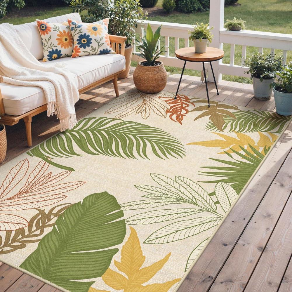 imageGENIMO Outdoor amp Indoor Area Rug 5x8 Waterproof NonShedding Easy Cleaning Leaf Mat for Patio Living Room Balcony Dining Room RV Deck Bedroom Camping Outside Carpet Tropical RustOlive Mustard