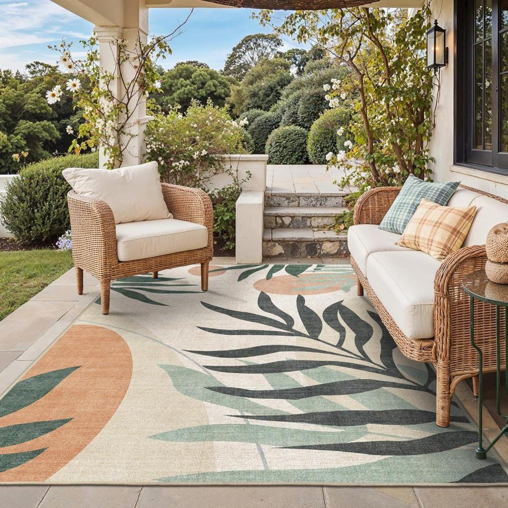 imageGENIMO Outdoor amp Indoor Area Rug 5x8 Waterproof NonShedding Easy Cleaning Leaf Mat for Patio Living Room Balcony Dining Room RV Deck Bedroom Camping Outside Carpet Tropical RustBeige Grey