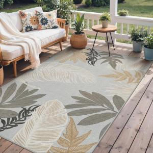 GENIMO Outdoor & Indoor Area Rug 5’x8′, Waterproof, Non-Shedding, Easy Cleaning, Leaf Mat for Patio, Living Room, Balcony, Dining Room, RV, Deck, Bedroom, Camping, Outside Carpet, Tropical Rust(Sand Grey)