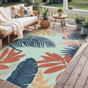 GENIMO Outdoor & Indoor Area Rug 5’x8′, Waterproof, Non-Shedding, Easy Cleaning, Leaf Mat for Patio, Living Room, Balcony, Dining Room, RV, Deck, Bedroom, Camping, Outside Carpet, Tropical Rust(Blue Paint)