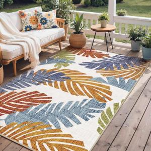 GENIMO Outdoor & Indoor Area Rug 5’x8′, Waterproof, Non-Shedding, Easy Cleaning, Leaf Mat for Patio, Living Room, Balcony, Dining Room, RV, Deck, Bedroom, Camping, Outside Carpet, Tropical Rust(Leaf Tropical Rust)