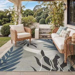 GENIMO Outdoor & Indoor Area Rug 5’x8′, Waterproof, Non-Shedding, Easy Cleaning, Leaf Mat for Patio, Living Room, Balcony, Dining Room, RV, Deck, Bedroom, Camping, Outside Carpet, Tropical Rust(Blue Grey)