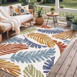 GENIMO Outdoor & Indoor Area Rug 5’x8′, Waterproof, Non-Shedding, Easy Cleaning, Leaf Mat for Patio, Living Room, Balcony, Dining Room, RV, Deck, Bedroom, Camping, Outside Carpet, Tropical Rust(Leaf Rust Navy)