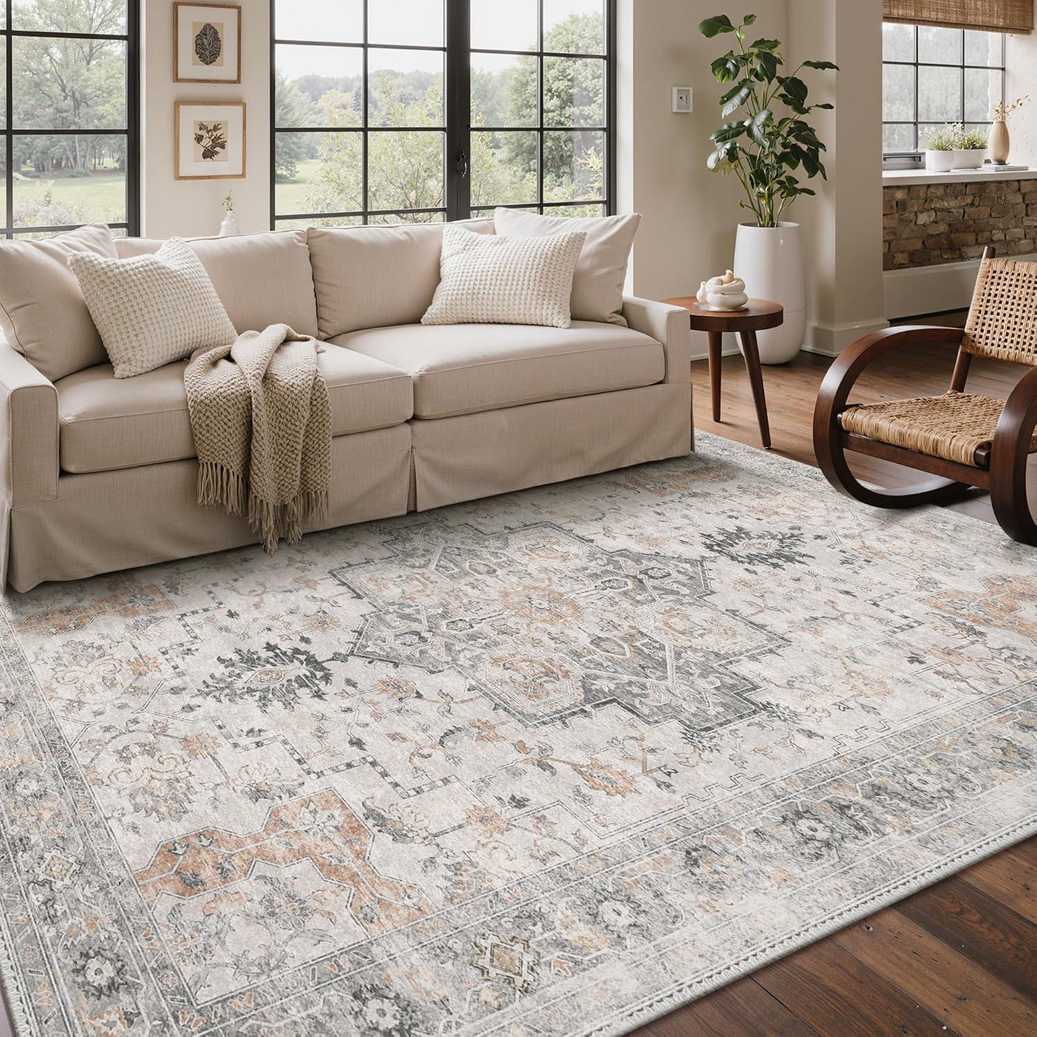 imageGENIMO 8x10 Area Rugs for Living Room Machine Washable Non Slip Rugs Low Pile Lightweight Vintage Print Rug for Bedroom Dining Room Home Office Distressed BlueGreyTaupe