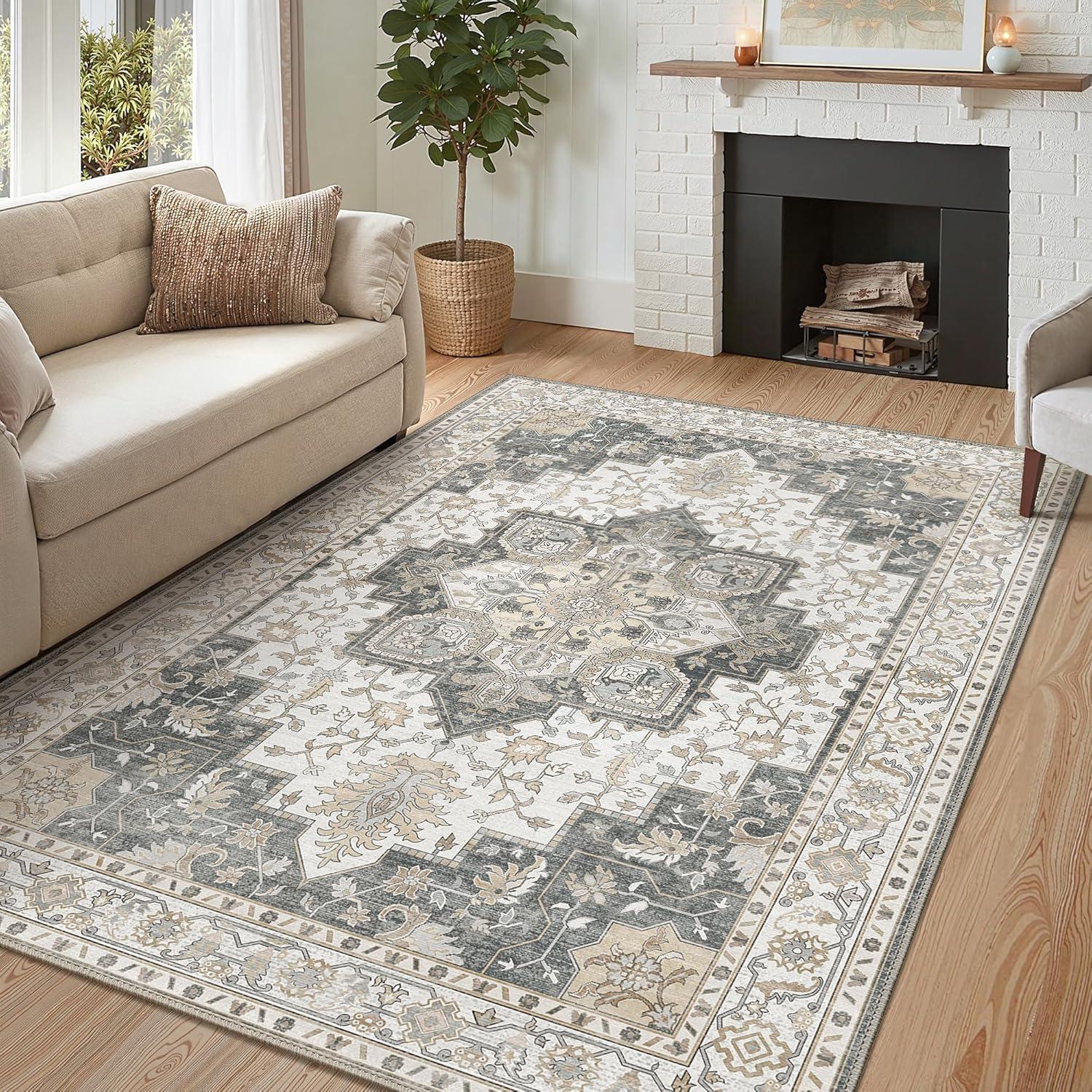 imageGENIMO 8x10 Area Rugs for Living Room Machine Washable Non Slip Rugs Low Pile Lightweight Vintage Print Rug for Bedroom Dining Room Home Office Distressed BlueGreyHeathered Grey