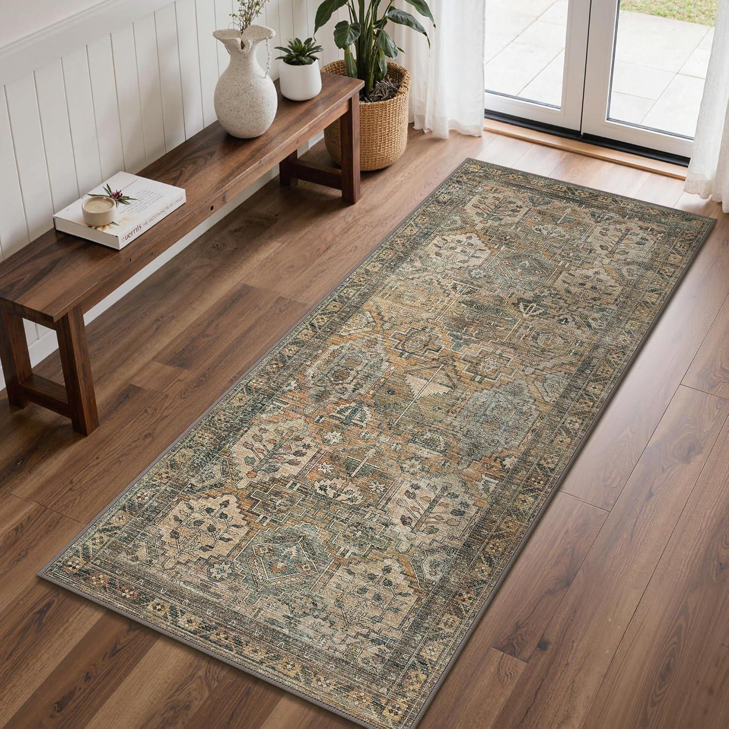imageGENIMO 8x10 Area Rugs for Living Room Machine Washable Non Slip Rugs Low Pile Lightweight Vintage Print Rug for Bedroom Dining Room Home Office Distressed BlueGreyWarm Taupe