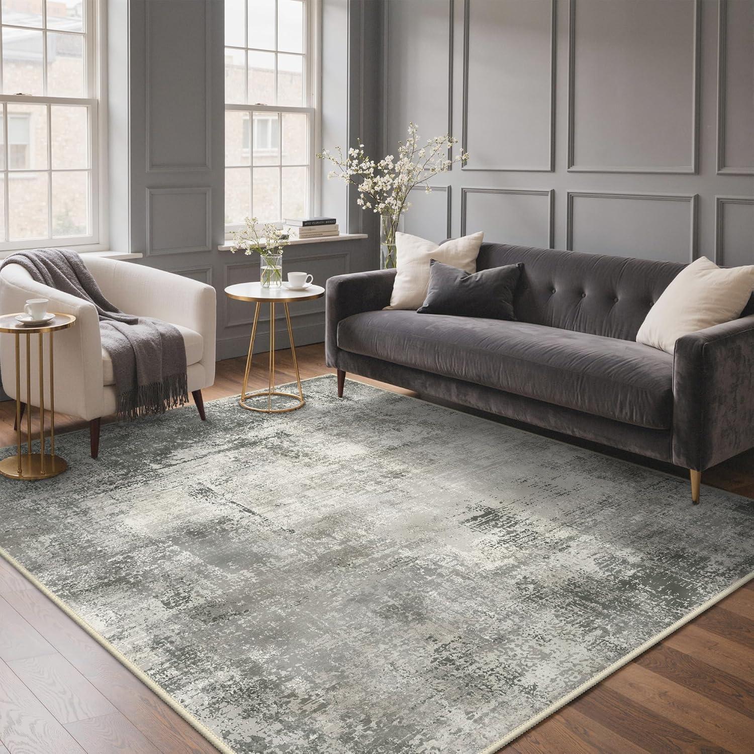 imageGENIMO 8x10 Area Rugs for Living Room Machine Washable Non Slip Rugs Low Pile Lightweight Vintage Print Rug for Bedroom Dining Room Home Office Distressed BlueGreyDistressed Grey