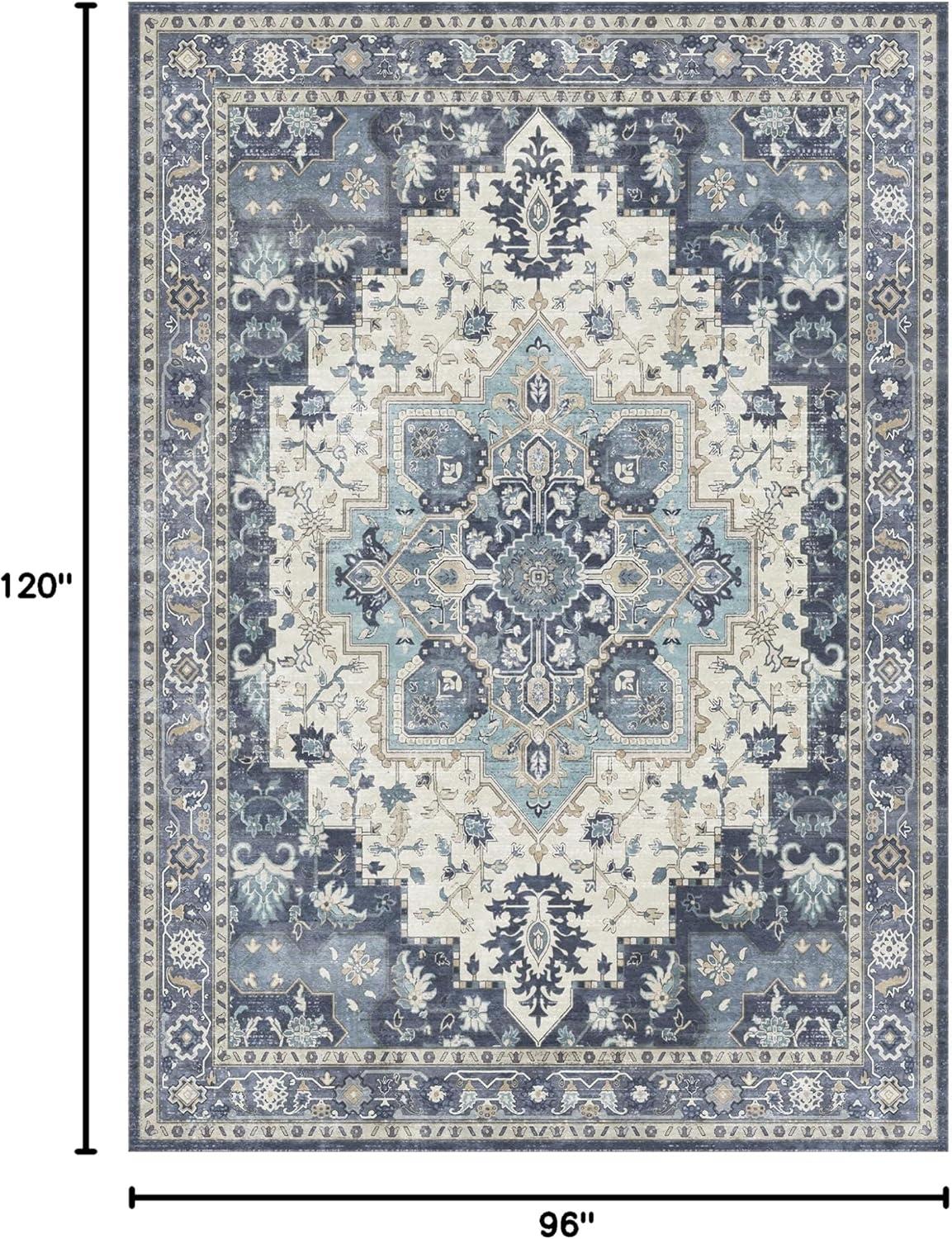 imageGENIMO 8x10 Area Rugs for Living Room Machine Washable Non Slip Rugs Low Pile Lightweight Vintage Print Rug for Bedroom Dining Room Home Office Distressed BlueGreyCenter Blue