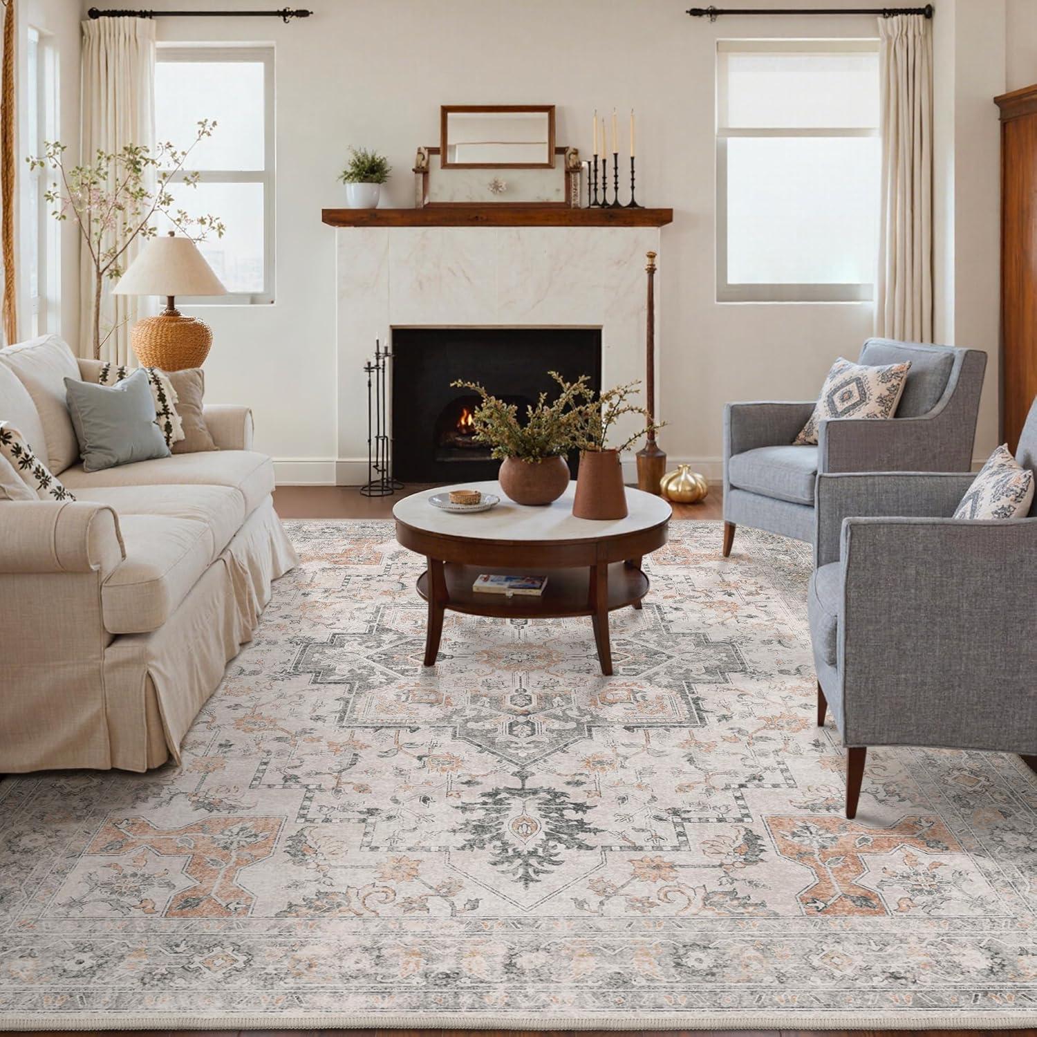 imageGENIMO 8x10 Area Rugs for Living Room Machine Washable Non Slip Rugs Low Pile Lightweight Vintage Print Rug for Bedroom Dining Room Home Office Distressed BlueGreyTaupe