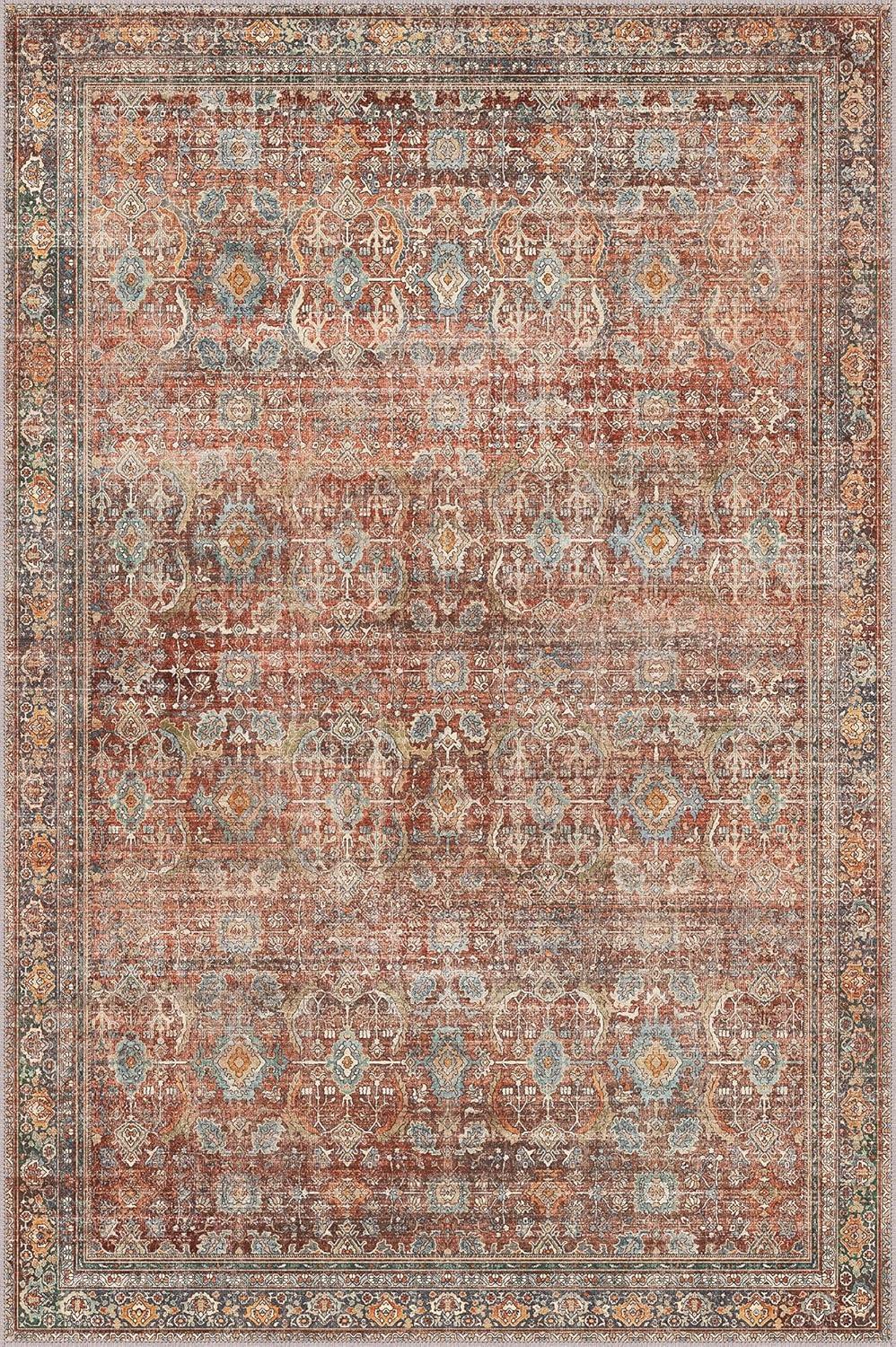 imageGENIMO 8x10 Area Rugs for Living Room Machine Washable Non Slip Rugs Low Pile Lightweight Vintage Print Rug for Bedroom Dining Room Home Office Distressed BlueGreyTerracotta Indigo