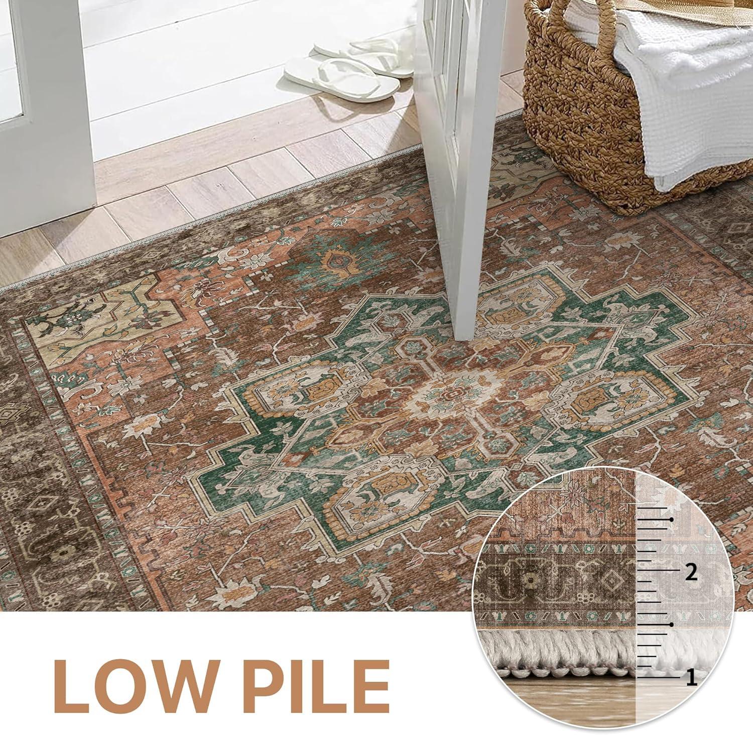 imageGENIMO 8x10 Area Rugs for Living Room Machine Washable Non Slip Rugs Low Pile Lightweight Vintage Print Rug for Bedroom Dining Room Home Office Distressed BlueGreyRosewood