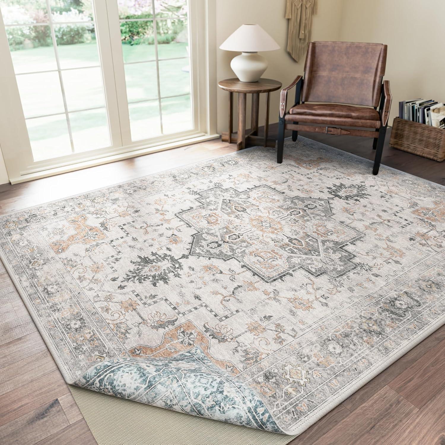 imageGENIMO 8x10 Area Rugs for Living Room Machine Washable Non Slip Rugs Low Pile Lightweight Vintage Print Rug for Bedroom Dining Room Home Office Distressed BlueGreyTaupeblue