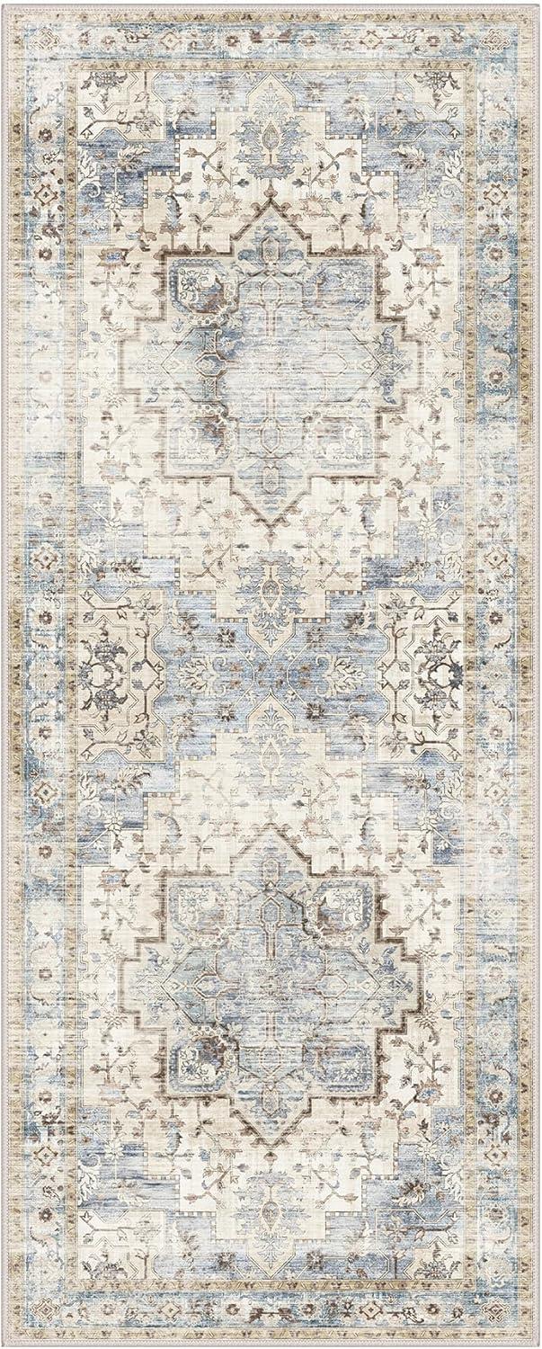 imageGENIMO 8x10 Area Rugs for Living Room Machine Washable Non Slip Rugs Low Pile Lightweight Vintage Print Rug for Bedroom Dining Room Home Office Distressed BlueGreyMint Sage
