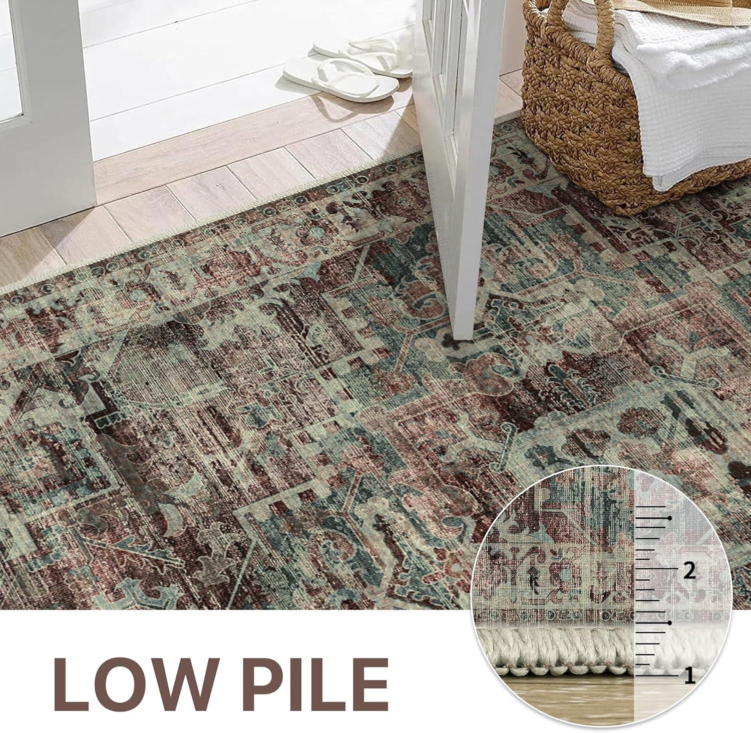imageGENIMO 8x10 Area Rugs for Living Room Machine Washable Non Slip Rugs Low Pile Lightweight Vintage Print Rug for Bedroom Dining Room Home Office Distressed BlueGreyDark Scarlet