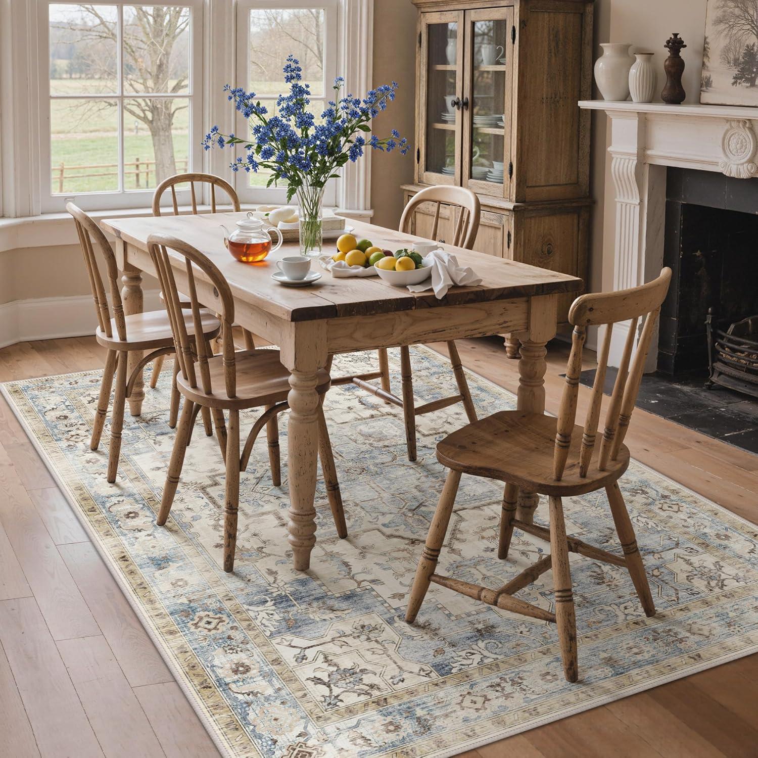 imageGENIMO 8x10 Area Rugs for Living Room Machine Washable Non Slip Rugs Low Pile Lightweight Vintage Print Rug for Bedroom Dining Room Home Office Distressed BlueGreyMint Sage
