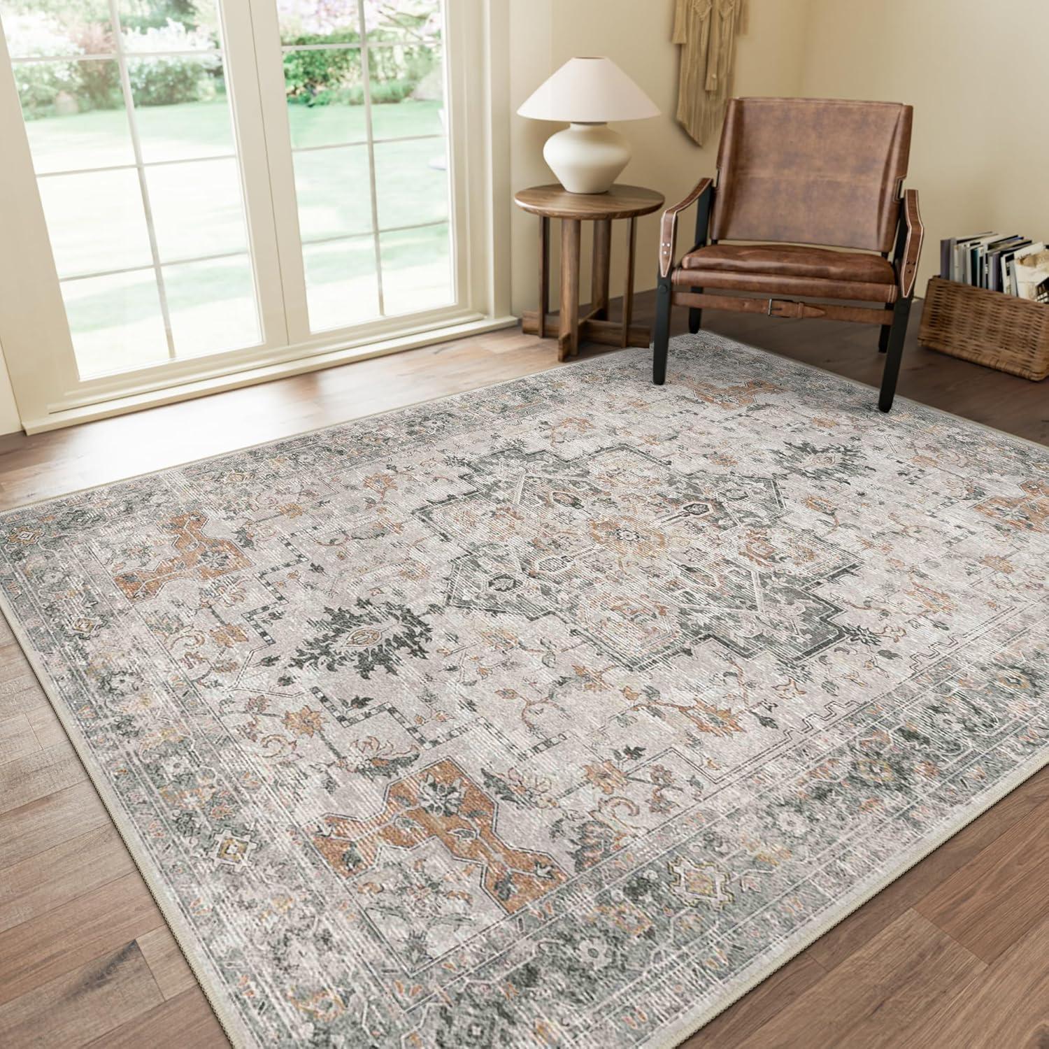 imageGENIMO 8x10 Area Rugs for Living Room Machine Washable Non Slip Rugs Low Pile Lightweight Vintage Print Rug for Bedroom Dining Room Home Office Distressed BlueGreyTaupe