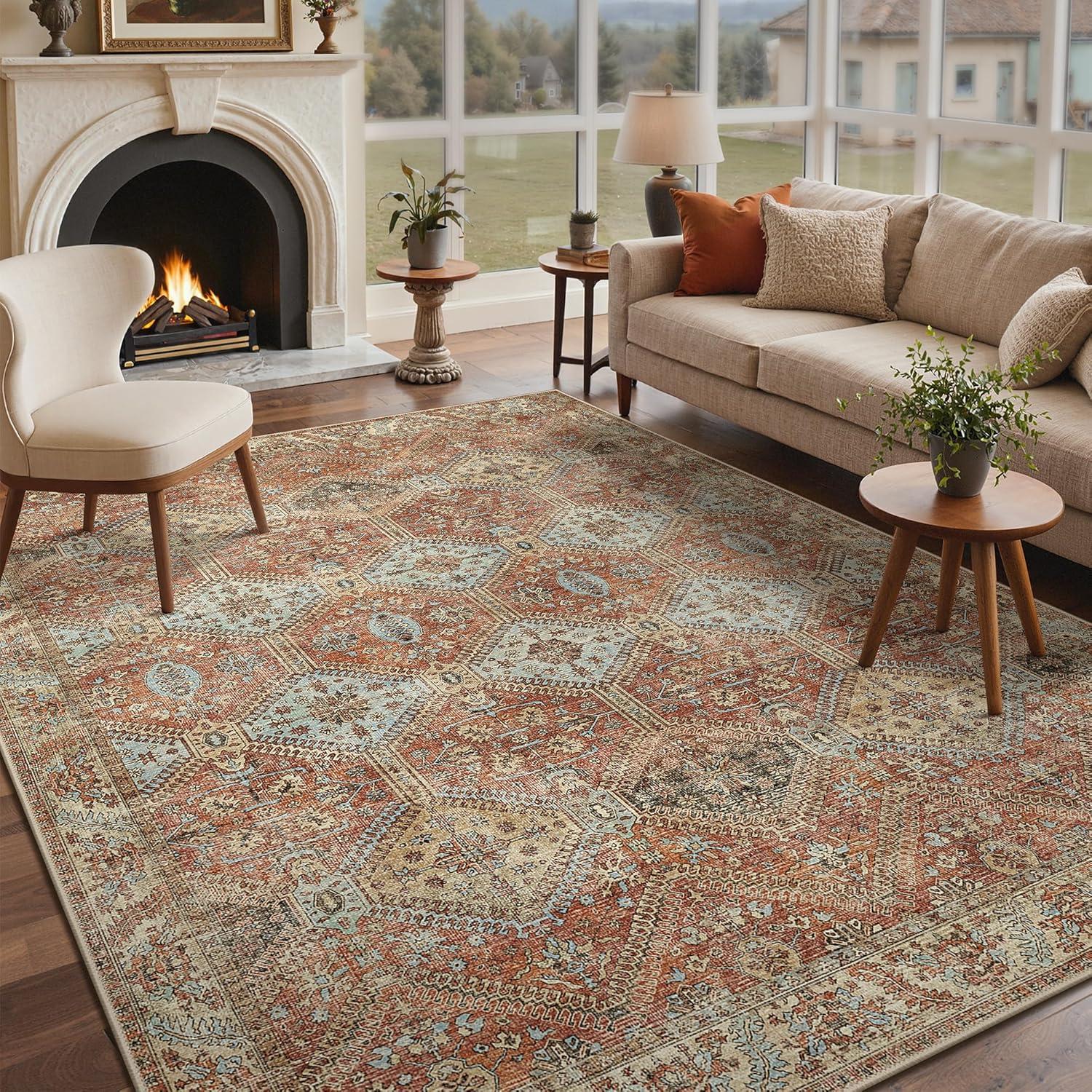 imageGENIMO 8x10 Area Rugs for Living Room Machine Washable Non Slip Rugs Low Pile Lightweight Vintage Print Rug for Bedroom Dining Room Home Office Distressed BlueGreyVintage Brick Red