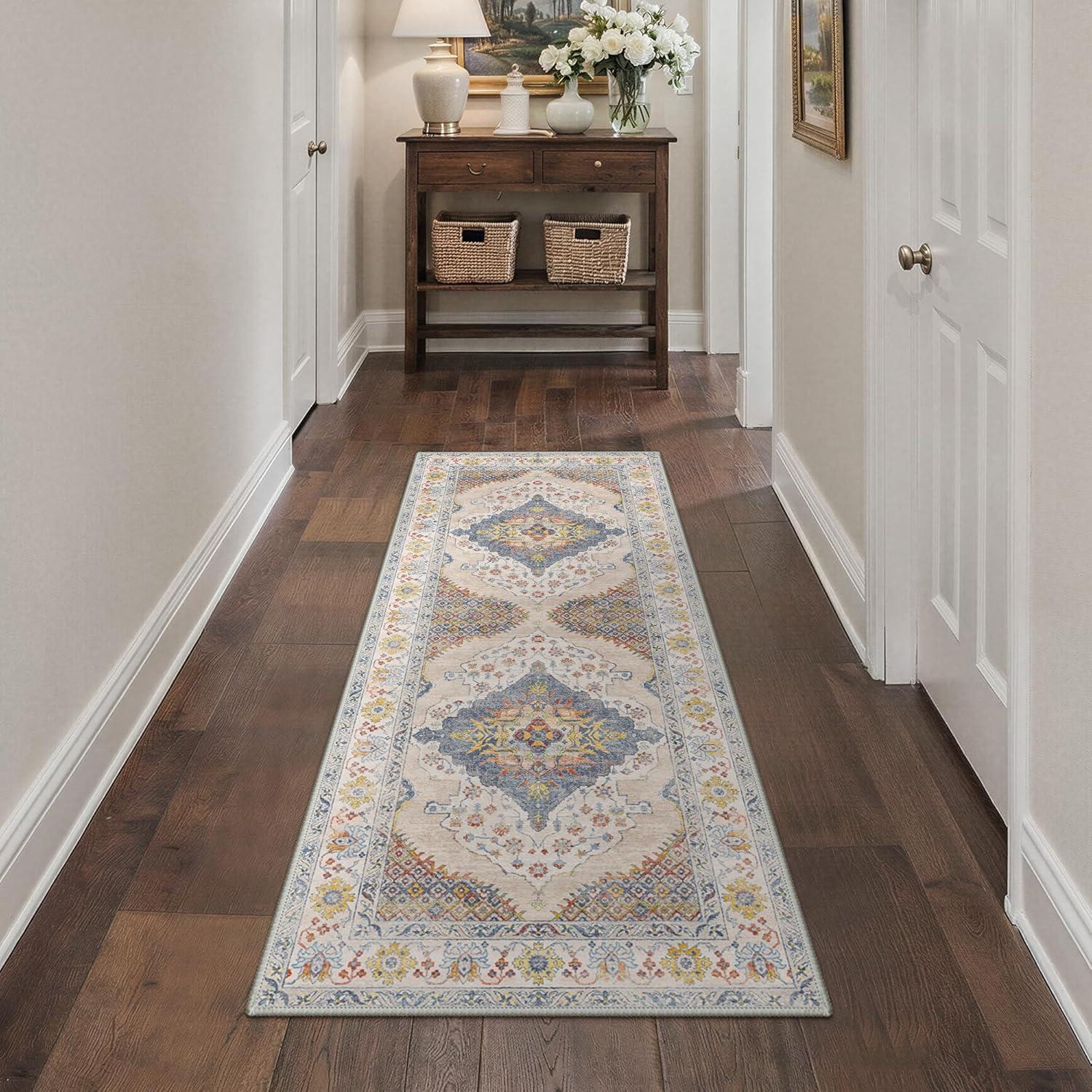 imageGENIMO 8x10 Area Rugs for Living Room Machine Washable Non Slip Rugs Low Pile Lightweight Vintage Print Rug for Bedroom Dining Room Home Office Distressed BlueGreyCreamCenter Blue