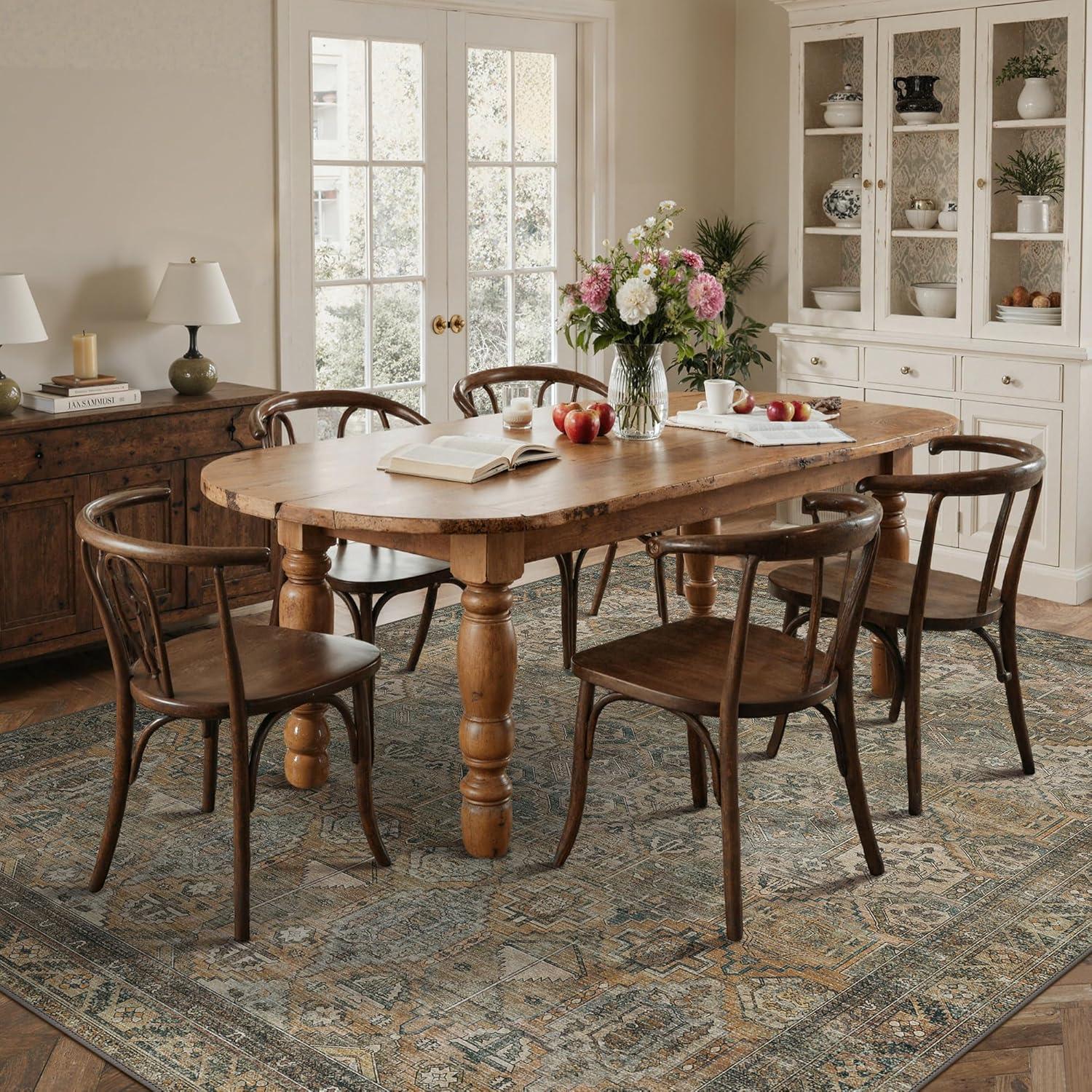 imageGENIMO 8x10 Area Rugs for Living Room Machine Washable Non Slip Rugs Low Pile Lightweight Vintage Print Rug for Bedroom Dining Room Home Office Distressed BlueGreyWarm Taupe