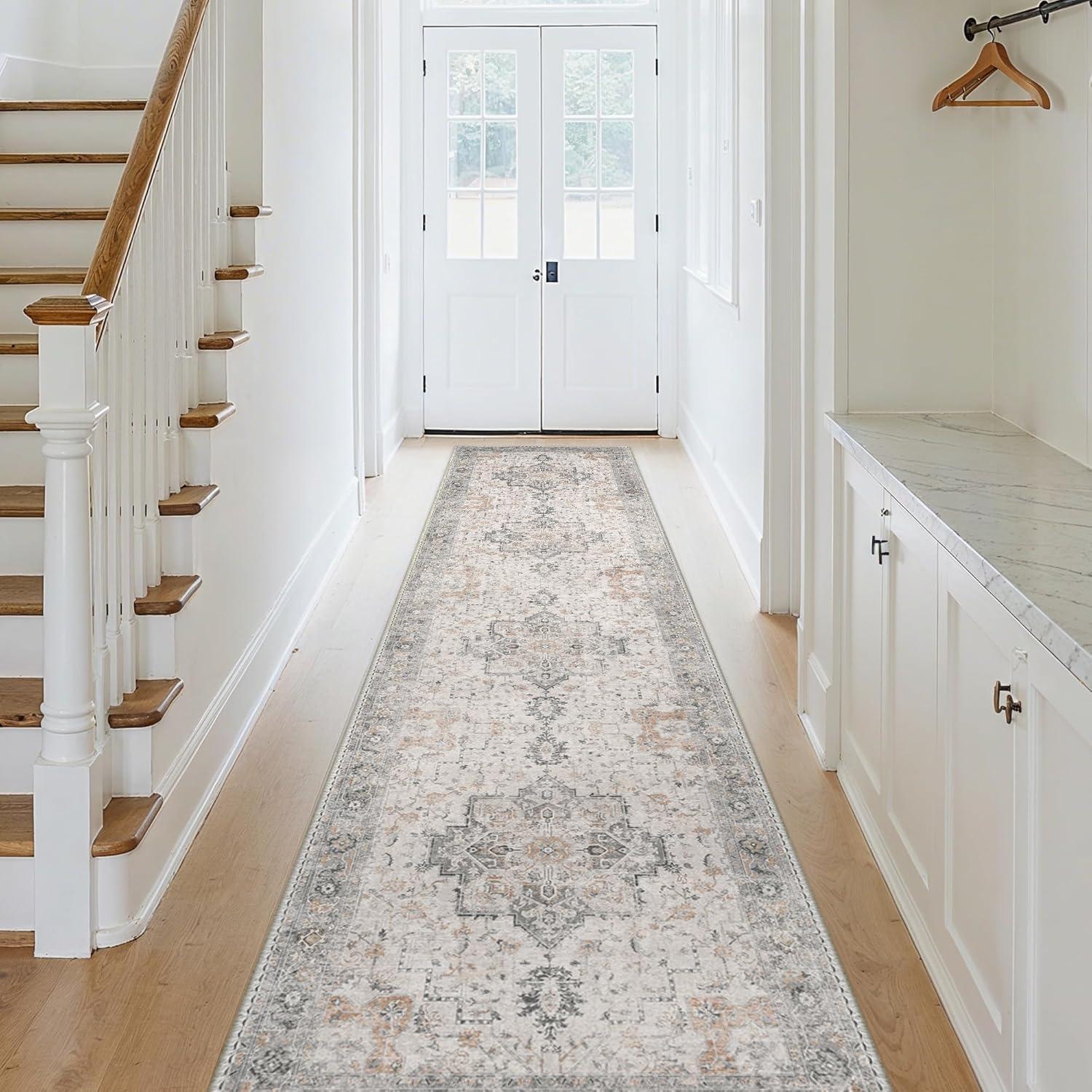 imageGENIMO 8x10 Area Rugs for Living Room Machine Washable Non Slip Rugs Low Pile Lightweight Vintage Print Rug for Bedroom Dining Room Home Office Distressed BlueGreyTaupe