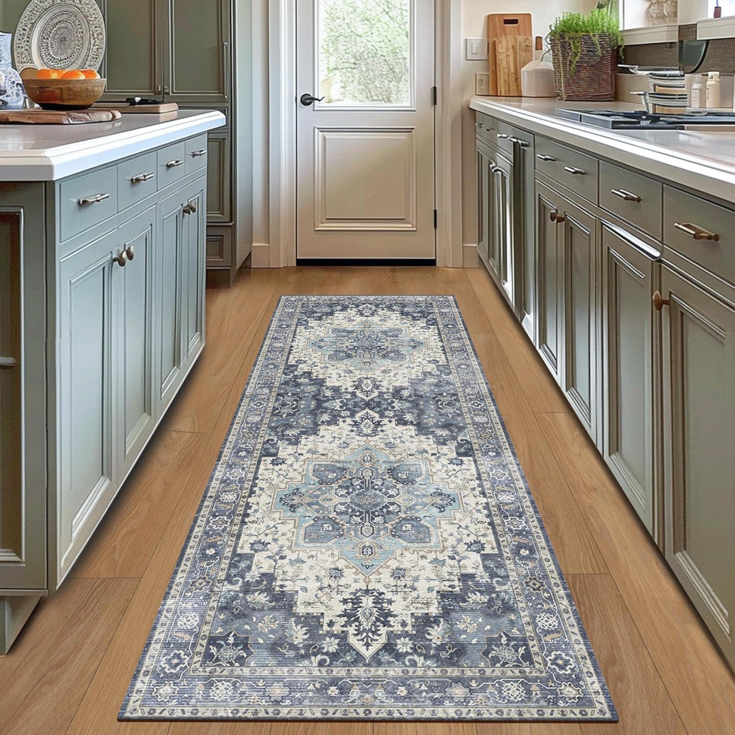 imageGENIMO 8x10 Area Rugs for Living Room Machine Washable Non Slip Rugs Low Pile Lightweight Vintage Print Rug for Bedroom Dining Room Home Office Distressed BlueGreyCenter Blue