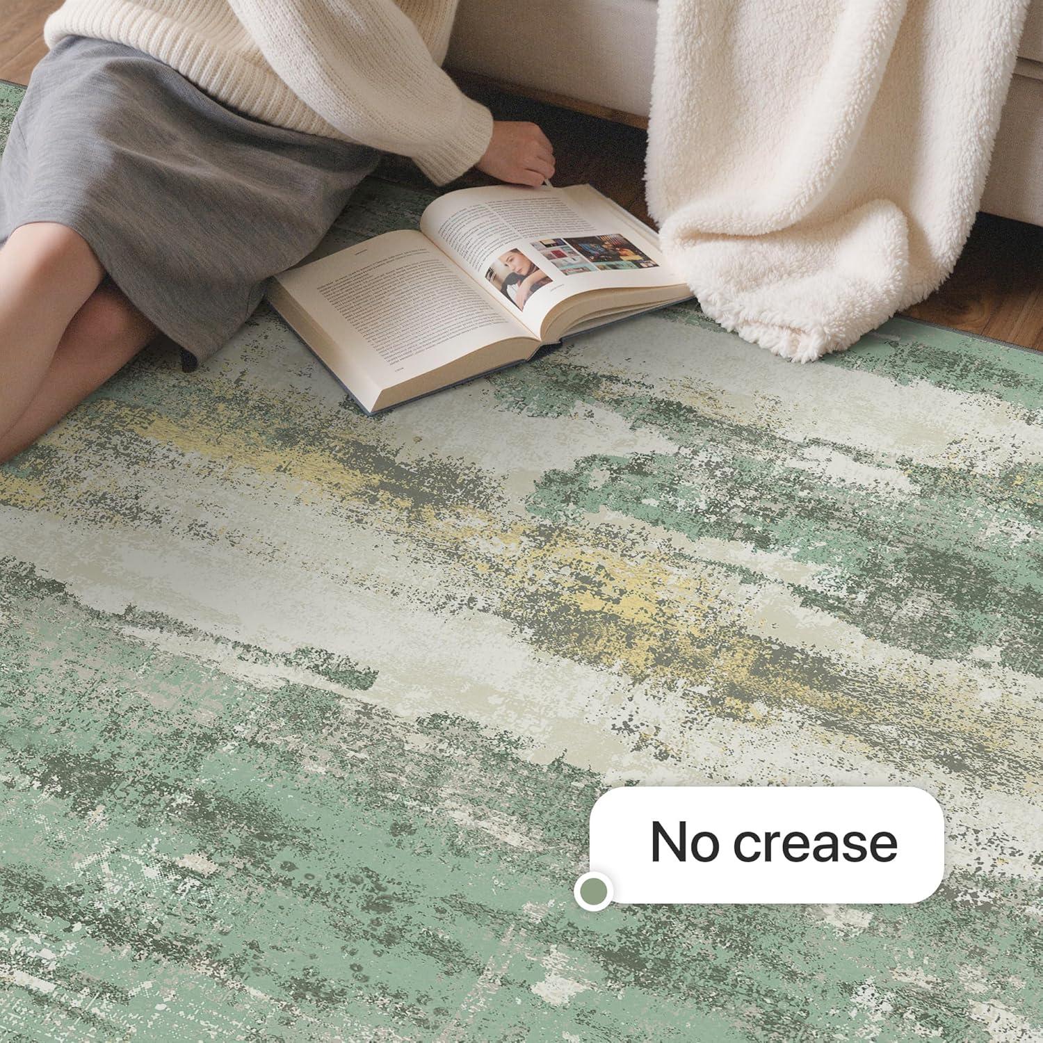 imageGENIMO 8x10 Area Rugs for Living Room Machine Washable Non Slip Rugs Low Pile Lightweight Vintage Print Rug for Bedroom Dining Room Home Office Distressed BlueGreyGreen Gray